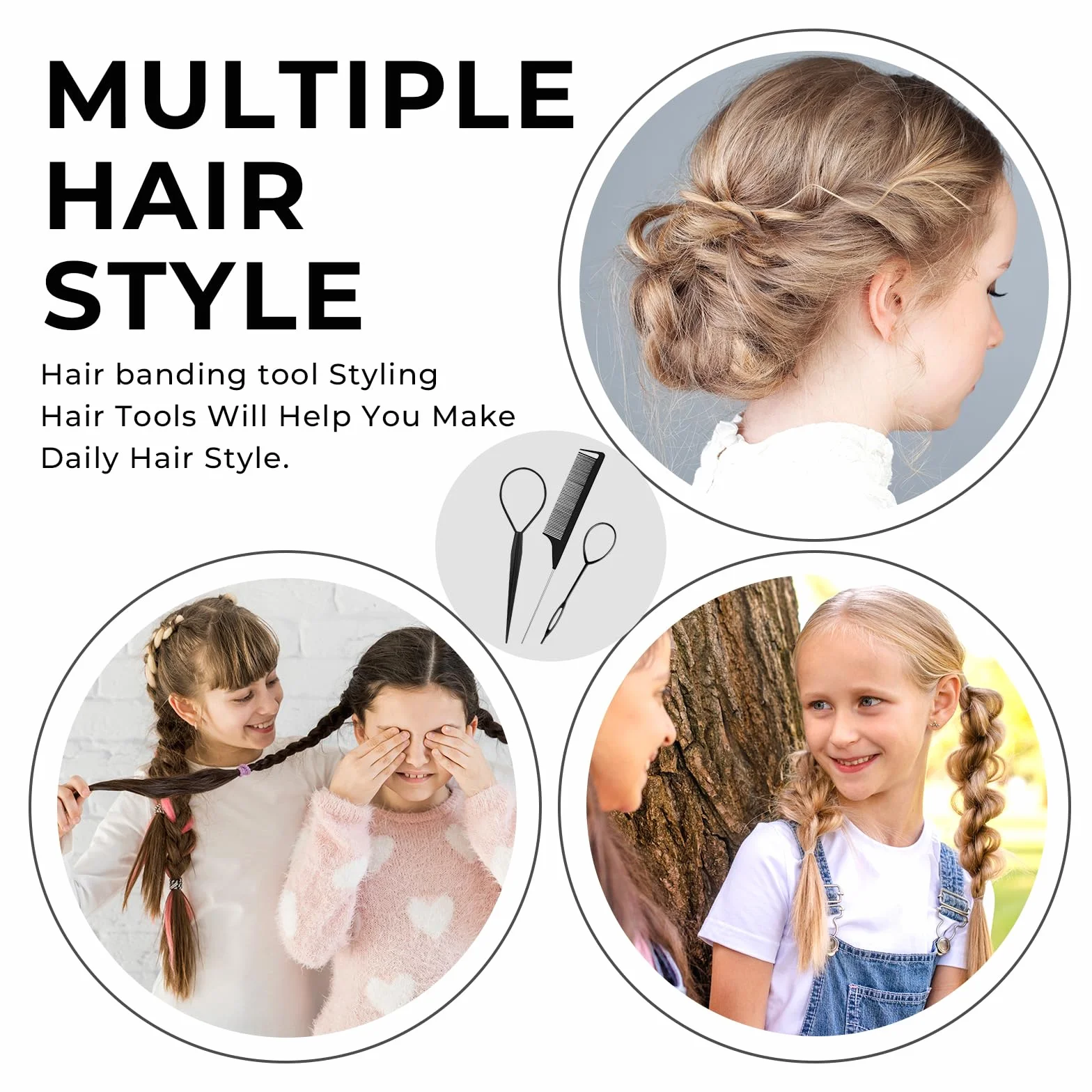 Set de Peinado: 3 Piezas Aguja para Cabello, Peines de Cola, Pasadores para Trenza Plana, Negro
