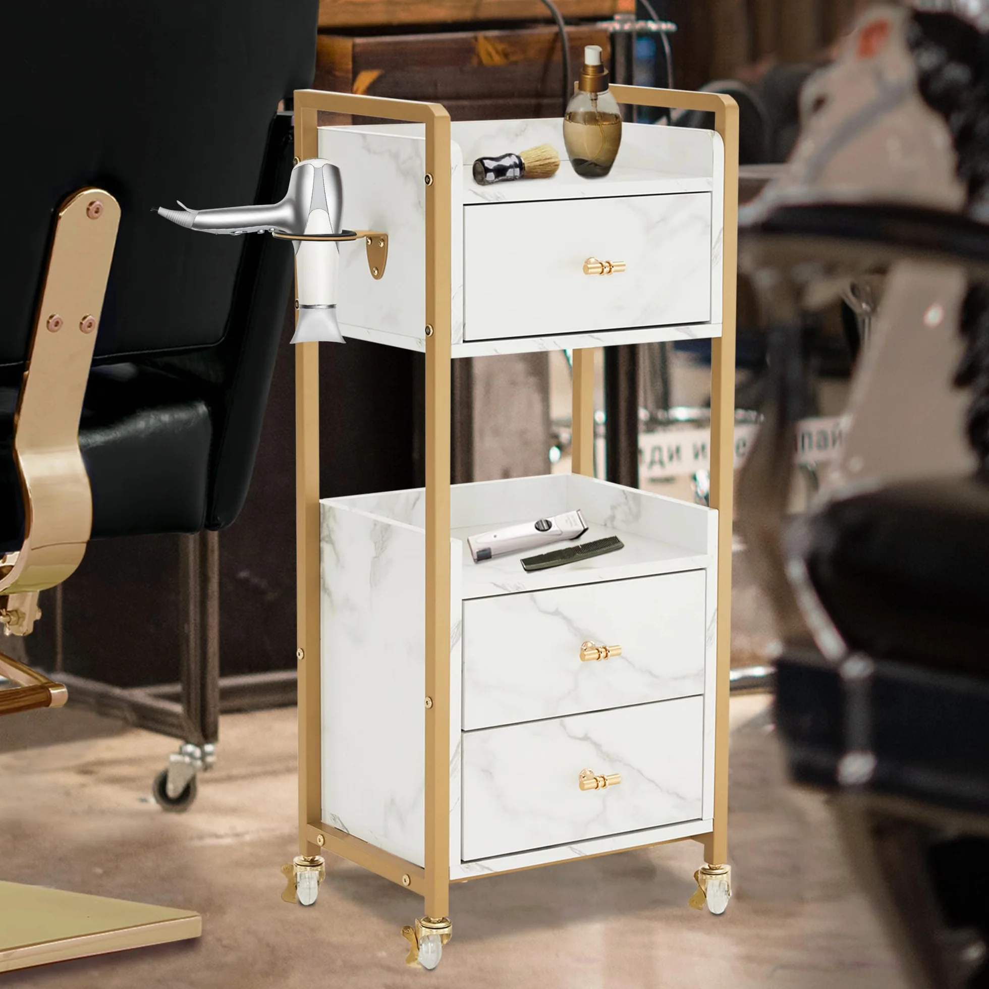 M MCombo Carro de Servicio 3 Cajones 2 Estantes Blanco y Dorado Soporte Secador de Pelo Moderno Baño