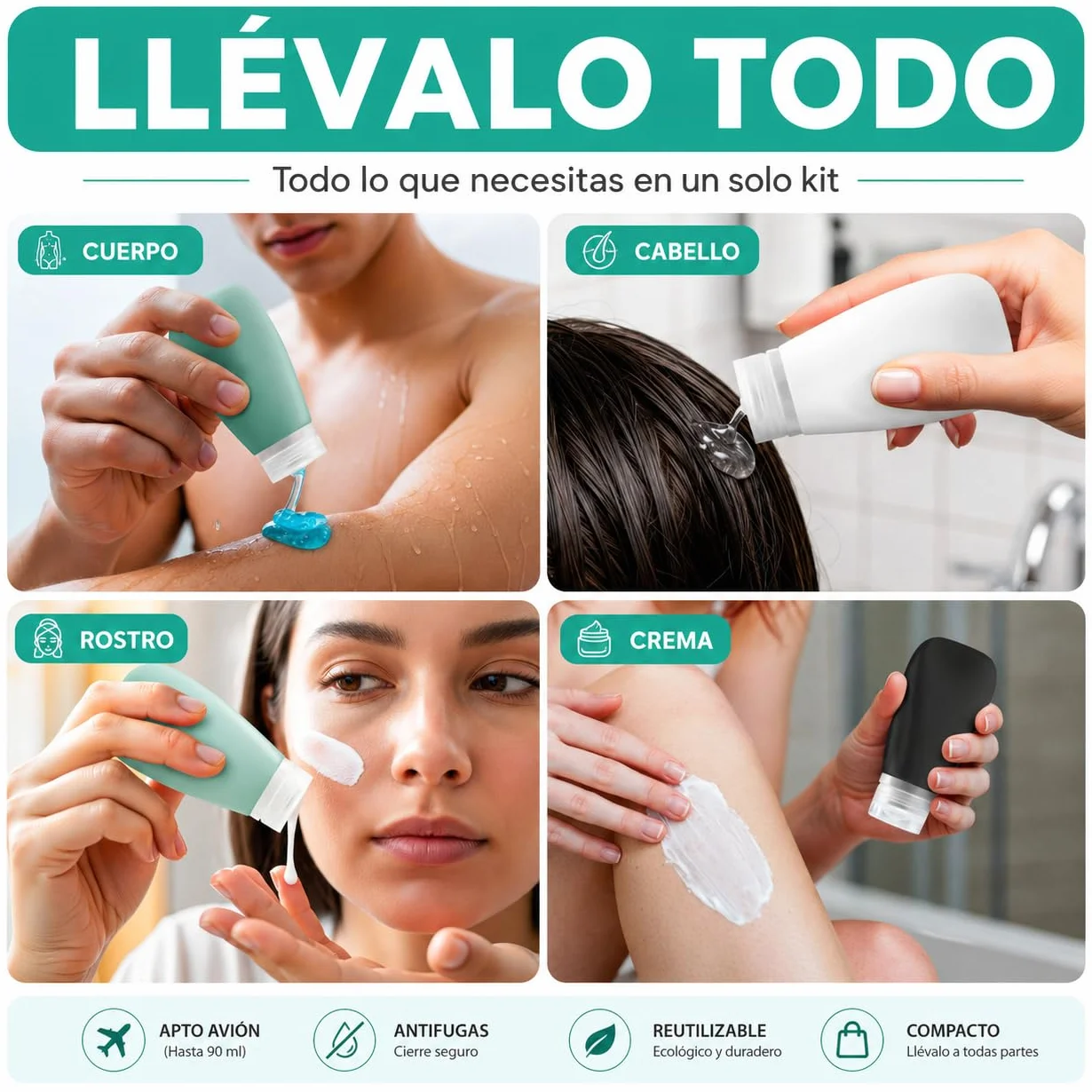 Kit Viaje Neceser Transparente Botes Rellenables 90ml + Atomizador Perfume Recargable 5ml