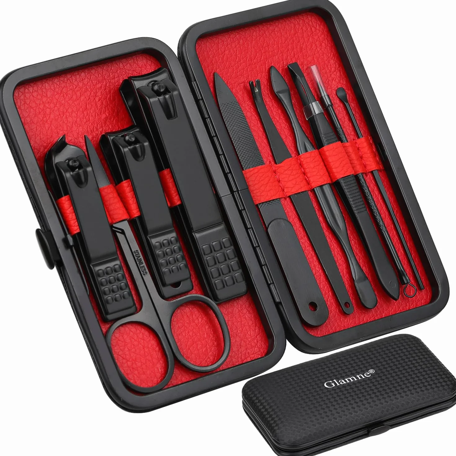 Juego de manicura cortaúñas profesionales acero inoxidable 10 en 1 negro con estuche de viaje