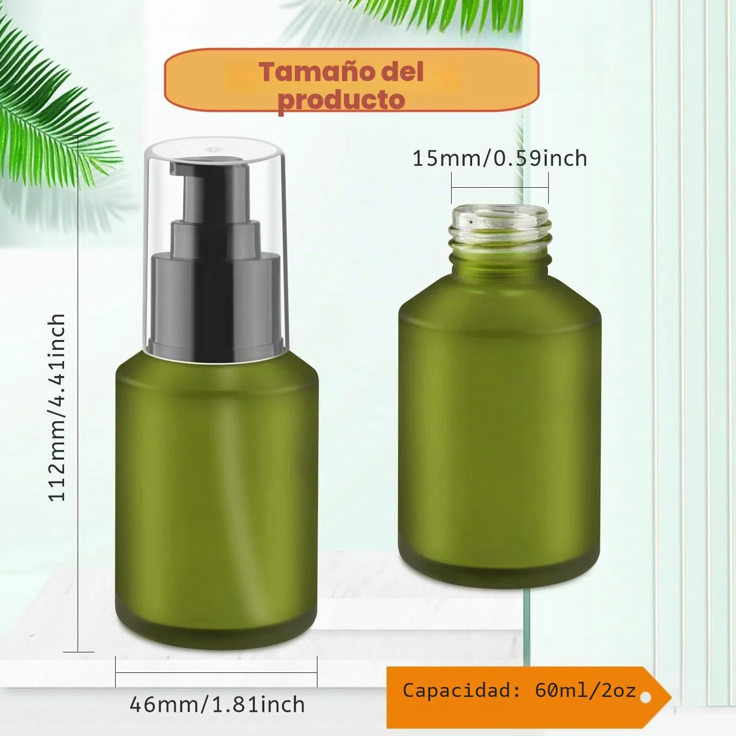 Botellas vacías de Vidrio Esmerilado Verde 60 ml con Bomba, dispensador cosméticos, frascos almacenamiento
