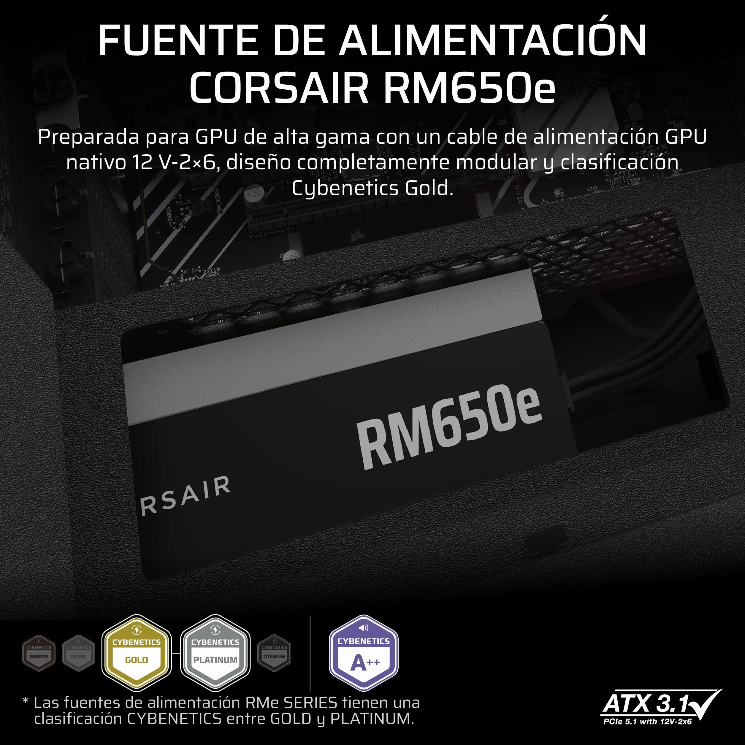 CORSAIR RM650e (2025) Fuente de alimentación ATX Modular 650W Cybenetics Gold PCIe 5.1 ATX 3.1 Negro