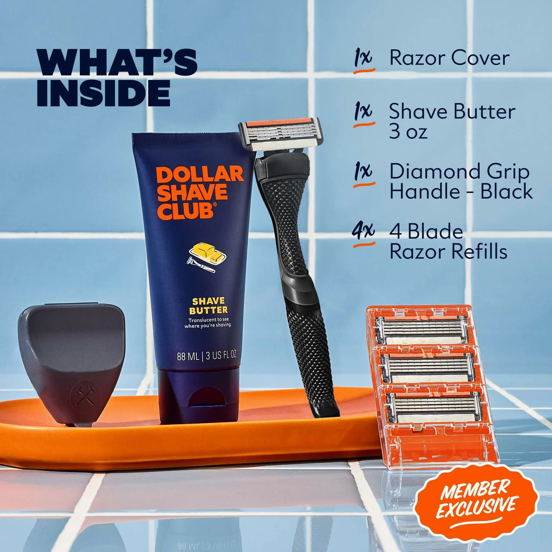 Dollar Shave Club The Member Exclusive Shave Set | 4 cartuchos de recambio de enjuague Swift, 1 mango (negro), 1 mantequilla de afeitar de 3 onzas, 1 funda para maquinilla de afeitar
