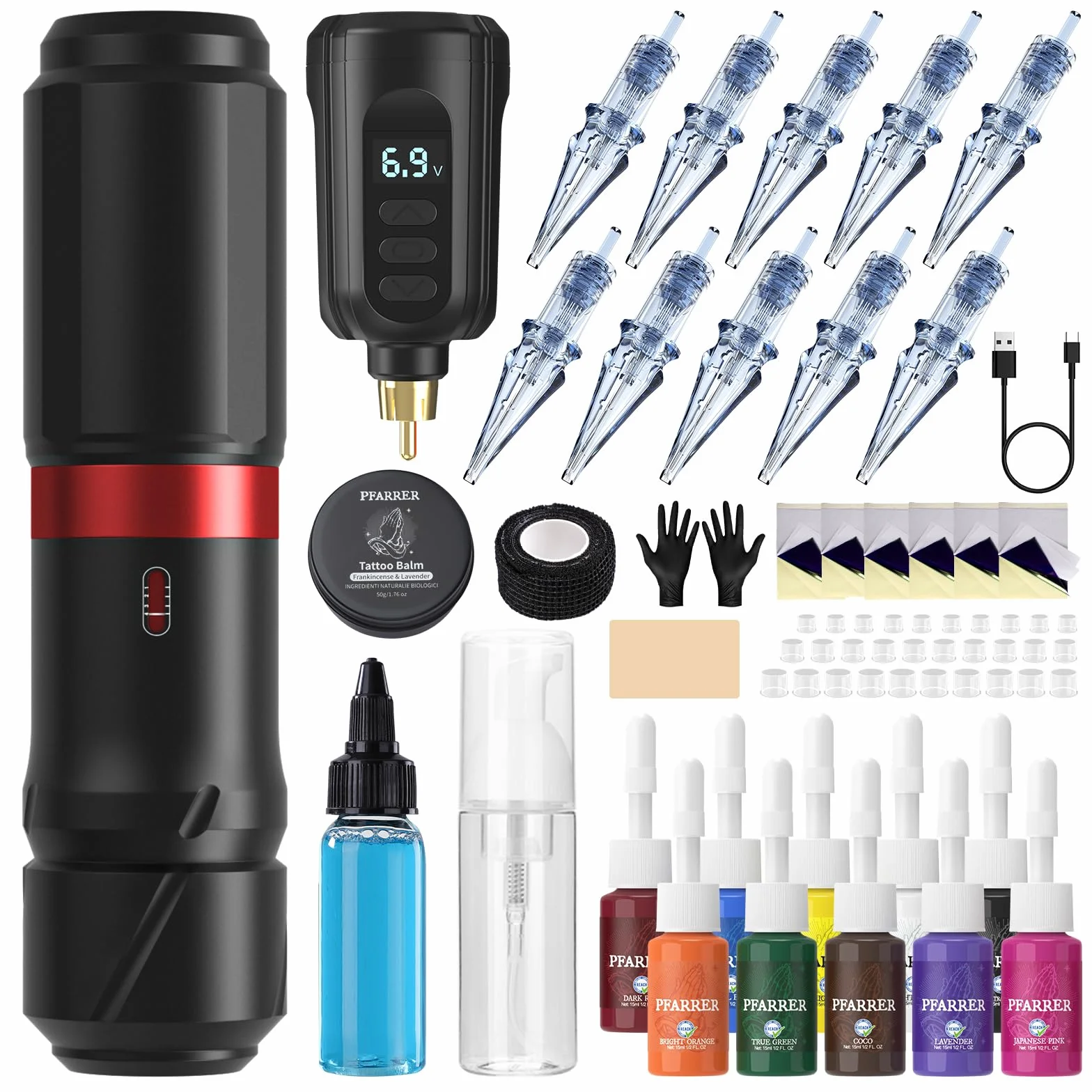 PFARRER maquina de tatuar kit completo Rotativa Máquina con 4 Modos Batería 10pcs Agujas Tatuaje Cartucho 10 Tinta Tatuaje Profesional for Principiante y Artistas PRP83KITEU-1