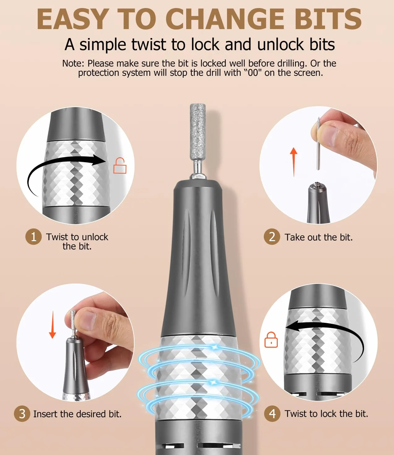 45,000RPM Torno para Uñas Profesional, Lima Electrica Uñas, Velocidad Ajustable,Set de Accesorios para Manicura y Pedicura con Brocas de Cerámica,para Uso Doméstico Salones de Uñas, Oro Rosa