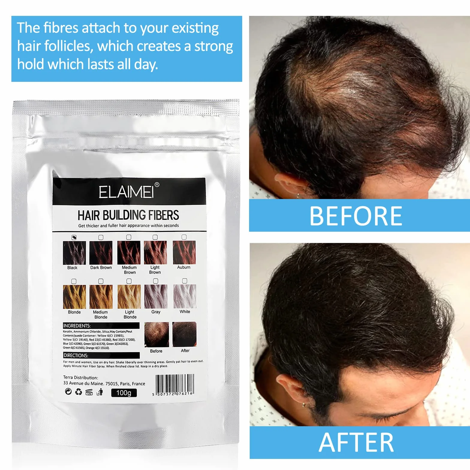 Fibra para el cabello de queratina, polvo capilar especial hombres y mujeres, Marrón oscuro 100G