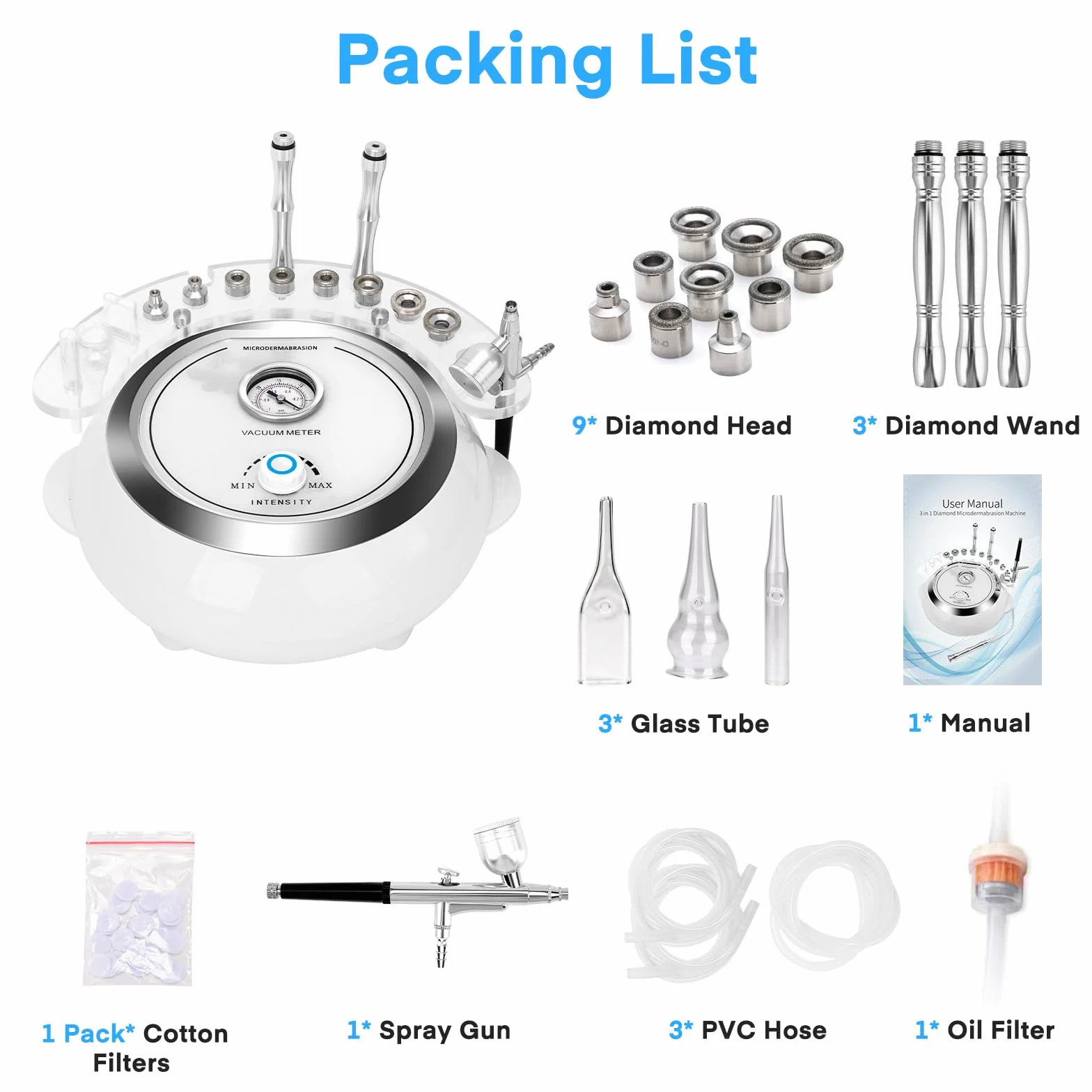iklestar Máquina de microdermoabrasión 3 en 1 con pistola de pulverización, kit facial profesional de dermoabrasión de diamante para uso personal en el hogar, 65-68 cmHg
