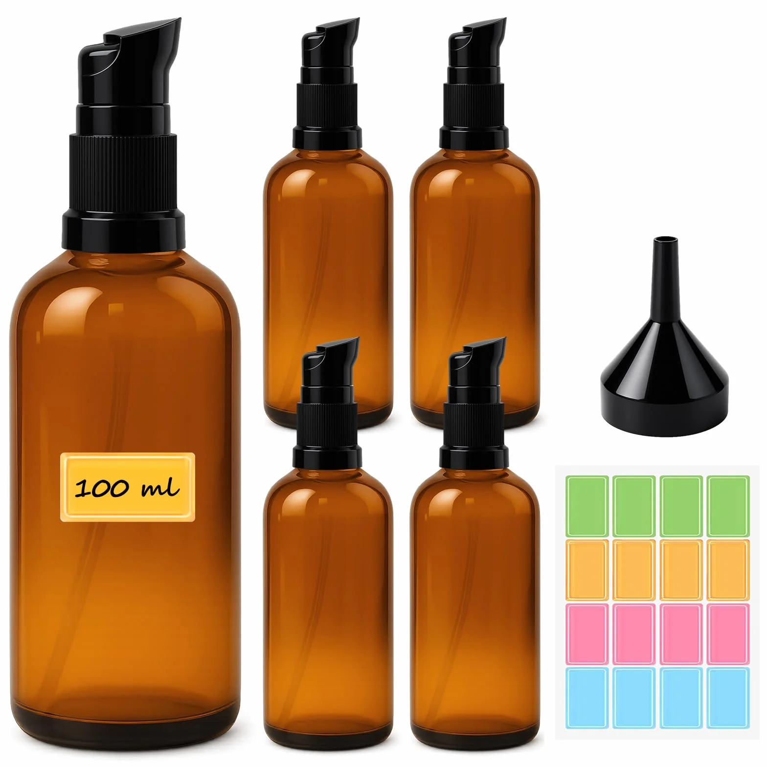 Botellas de Vidrio Marrón Vacías 100ml con Bomba, Dispensadores de Vidrio Ámbar con Embudo y Pegatinas para Aceite Esencial (5pcs)