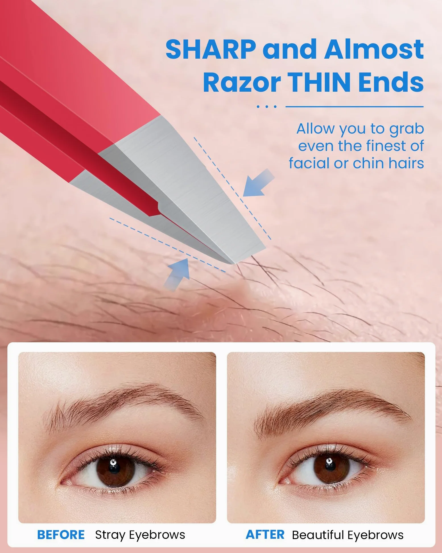 GlamTweeler Expert - Pinzas de depilación de cejas con funda de cuero, punta inclinada de alta precisión, pinzas de acero inoxidable para hombres y mujeres (rosa intenso)