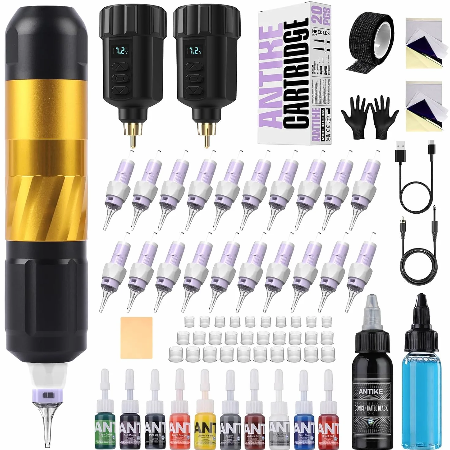 Kit ANTIKE Maquina de Tatuar Pro Maquina de Tatuaje con LCD Baterias 2pcs * 1500mAh y 20 Buen Agujas para Tatuaje, Tintas Colores Set y Todo Accesorios para Tatuaje AK-TK3001EU-9