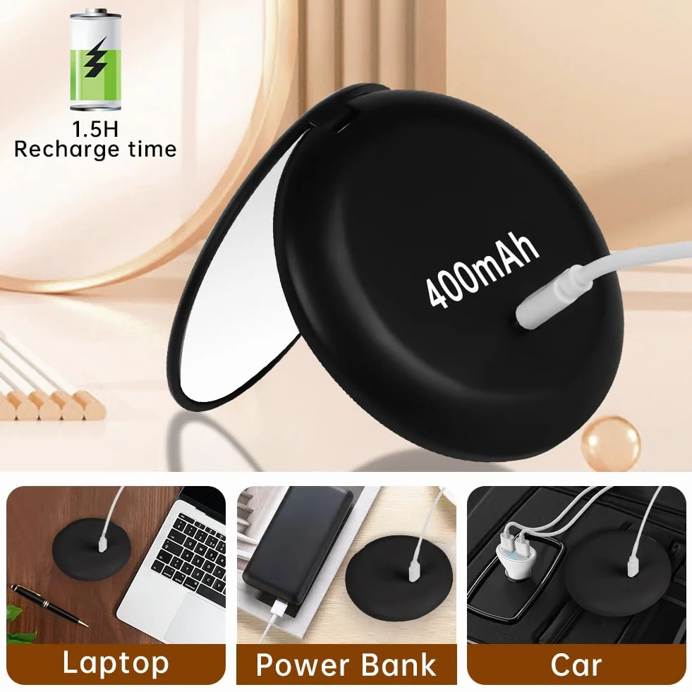Mini Espejo de Maquillaje LED Plegable Recargable por Type-C Compacto con Aumento 1X/10X