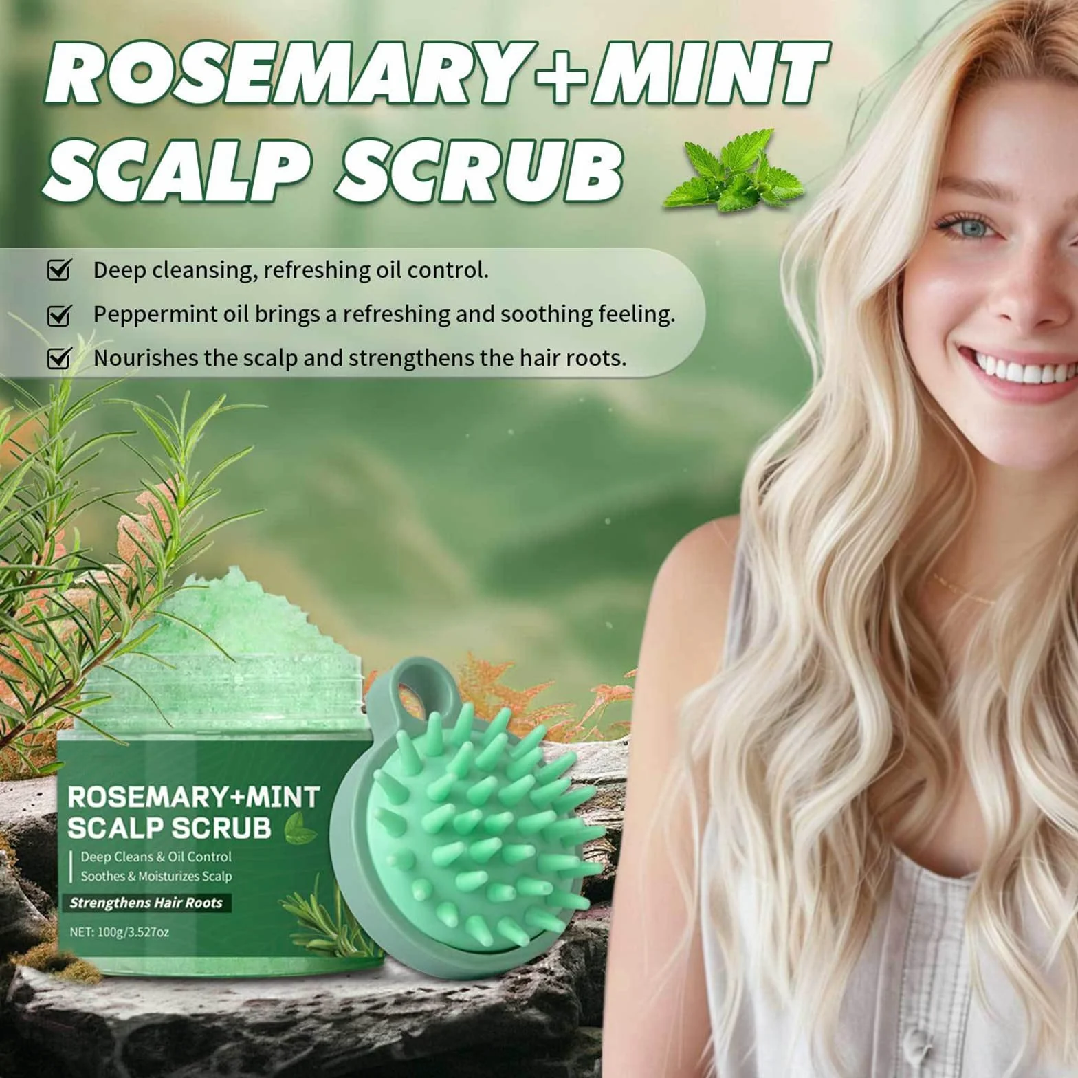 Exfoliante capilar de romero y menta para crecimiento del cabello, caspa y cuero cabelludo seco