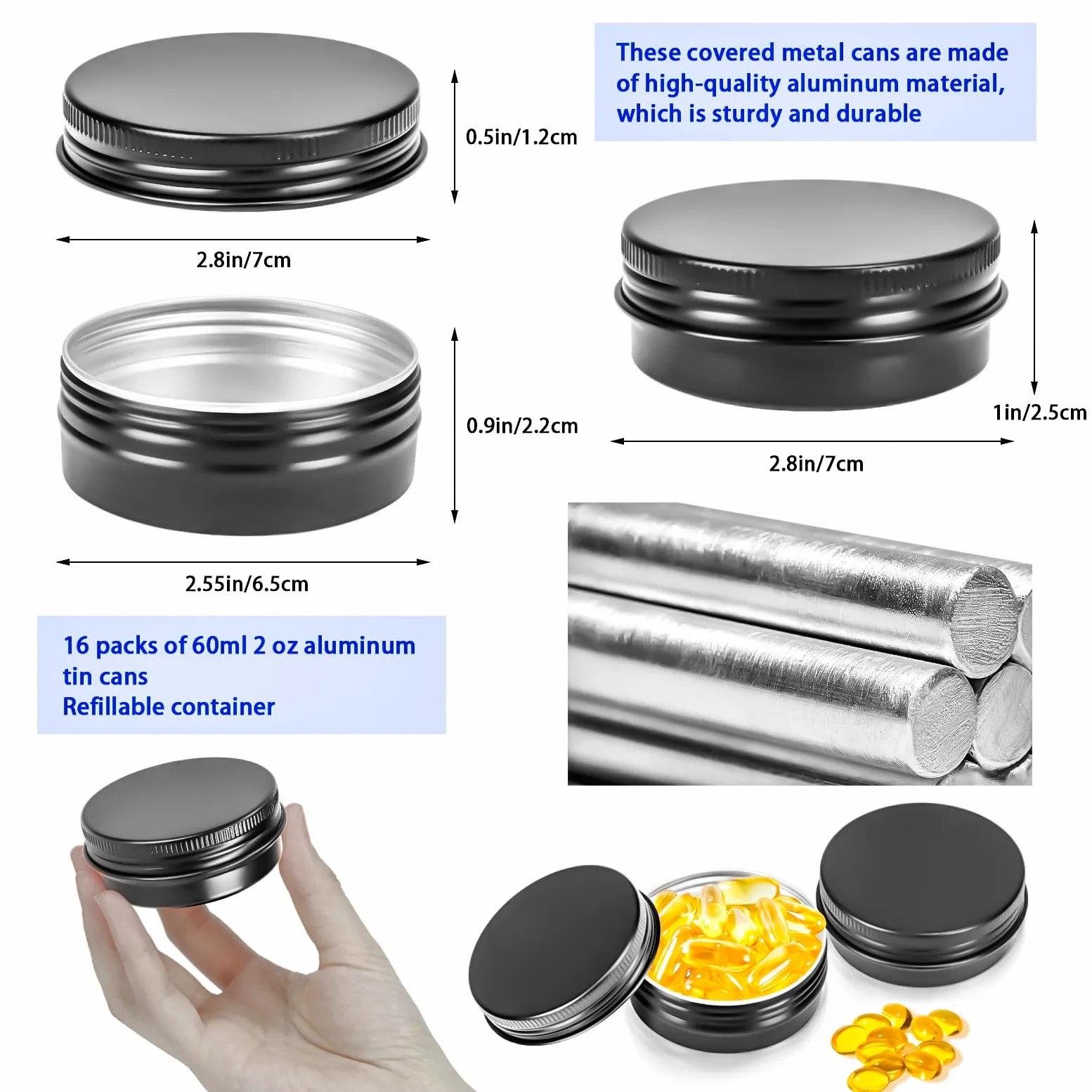 Paquete de 16 tarros de aluminio recargables de 2 onzas, recipientes redondos de aluminio con tapa para bálsamo labial, velas de crema de bálsamo labial, 60 ml, color negro