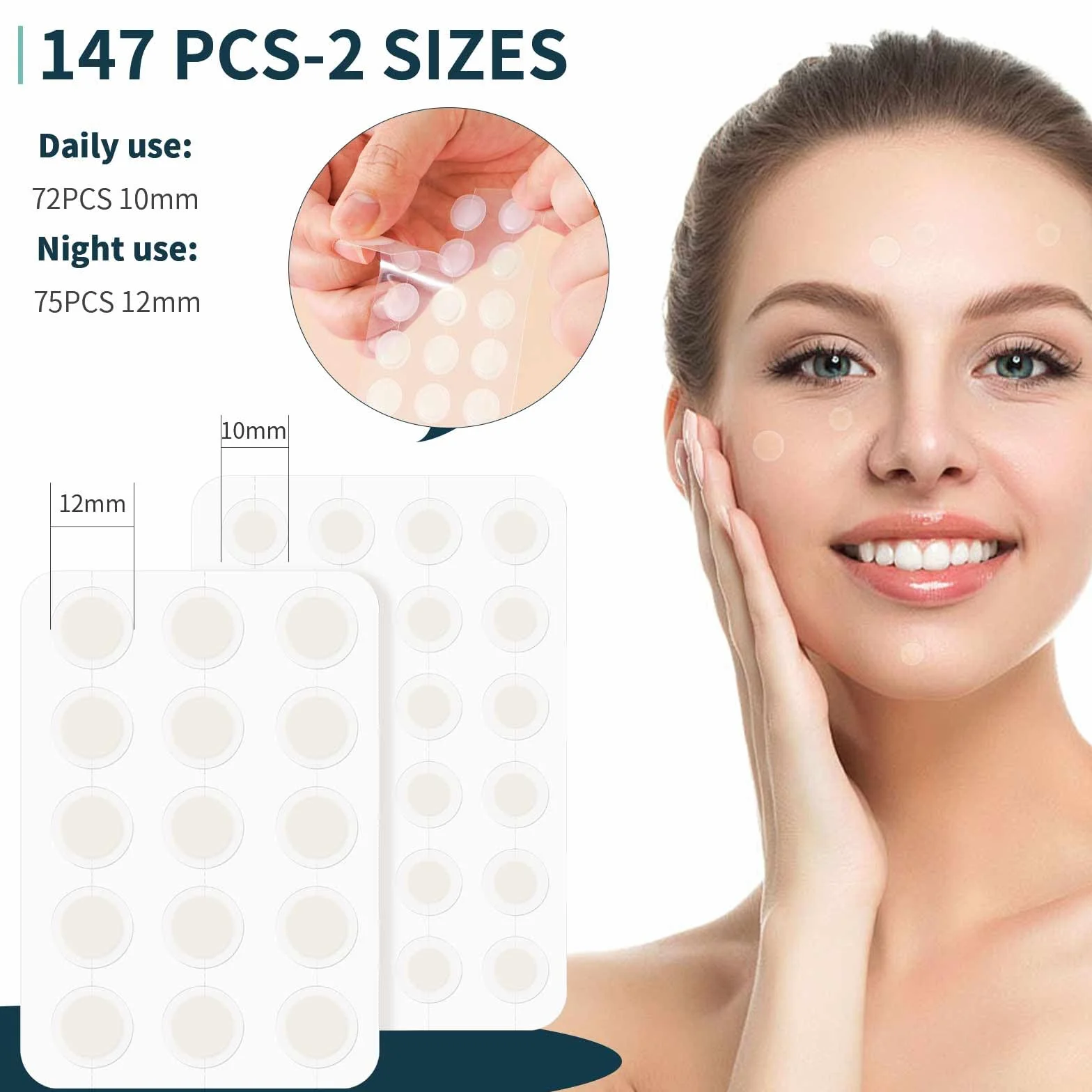 Parches Granos Hidrocoloides Invisibles 147 Piezas, Absorbentes Parches Acne Tratamiento 2 Tamaños 10/12mm