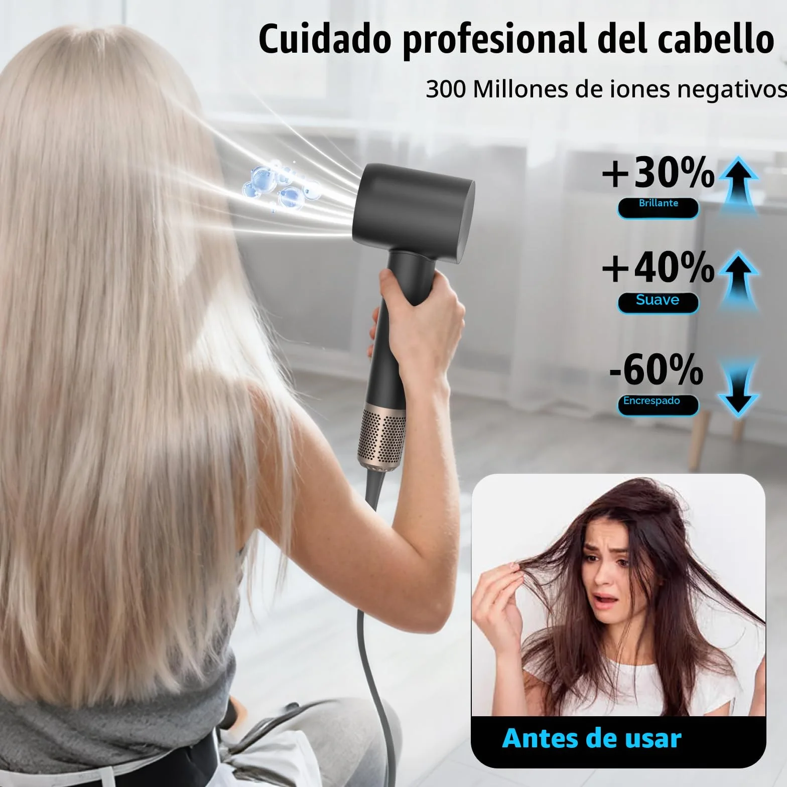 Secador Pelo Profesional Iónico con Difusor, 160.000 RPM, Negro | Motor sin escobillas, flujo de 65 m/s, 59 dB, 3 temperaturas y 2 velocidades para alisar, dar volumen y definir rizos