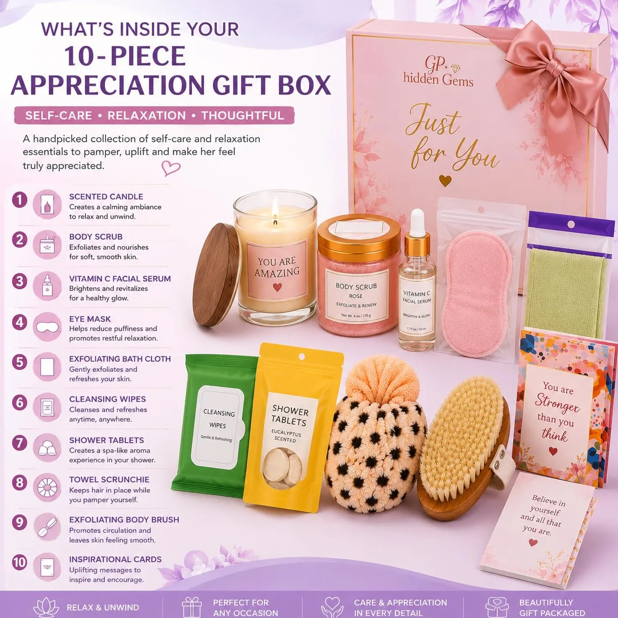 Caja de regalo de agradecimiento de 10 piezas para mujeres, juego de regalo de spa de cuidado personal y relajación con vela, máscaras de ojos, exfoliante corporal, cepillo exfoliante, accesorios de