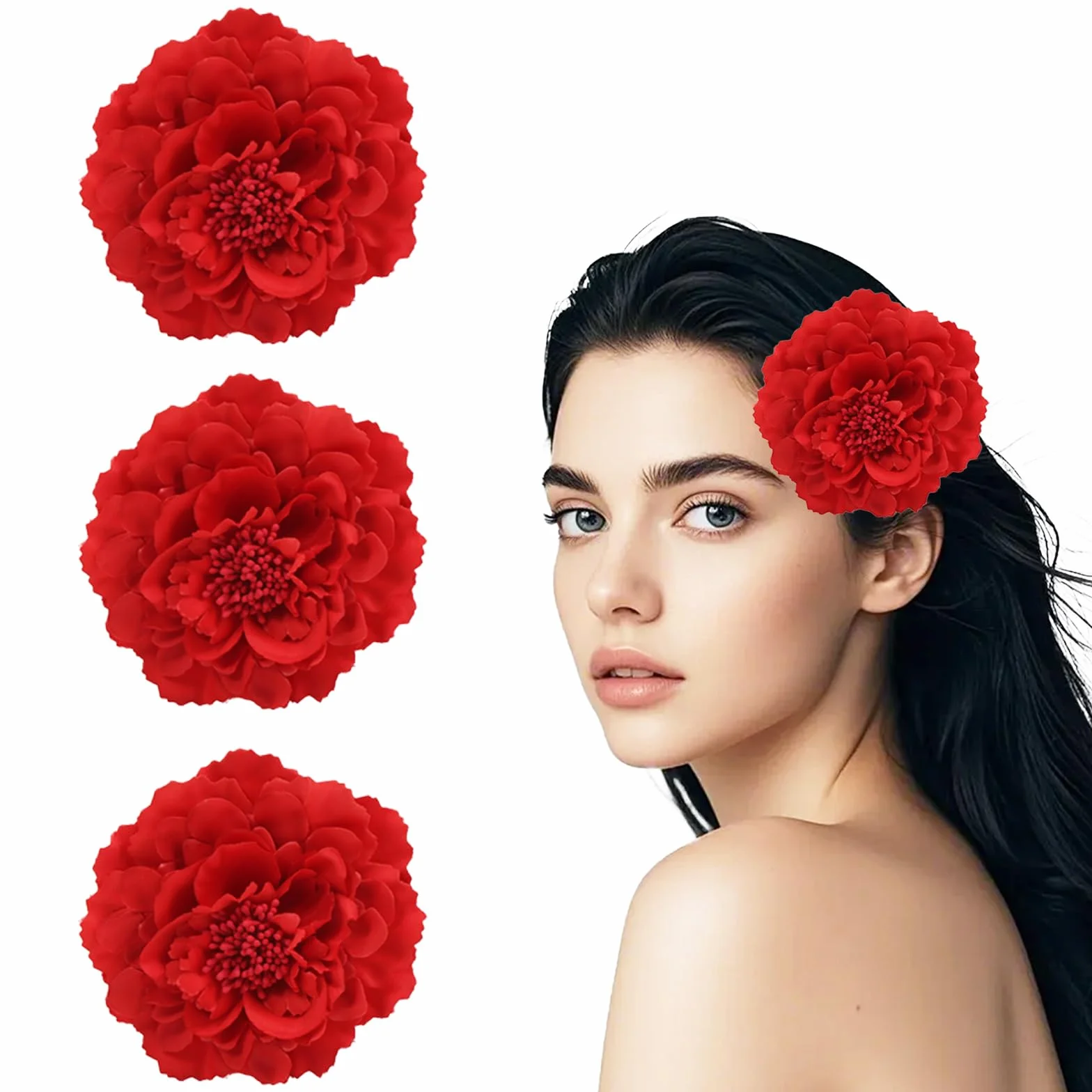 Clips de Pelo Flor Rojo Flamenca, Flores Sevillana Pinza Accesorios, Horquillas Peonía Clavel Mujer