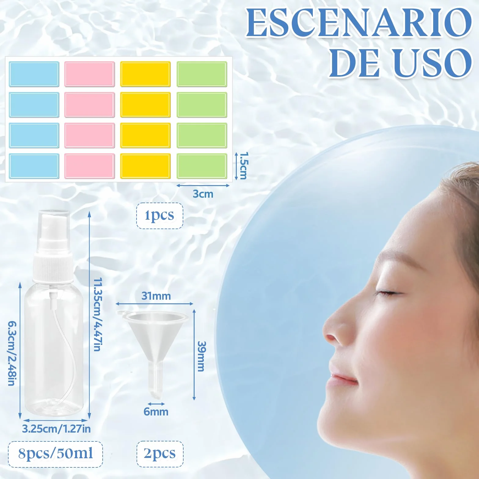 Botes Spray Pequeños 50ml Transparentes con Embudos y Etiquetas, Botellas de Viaje Rellenables para Cosmética