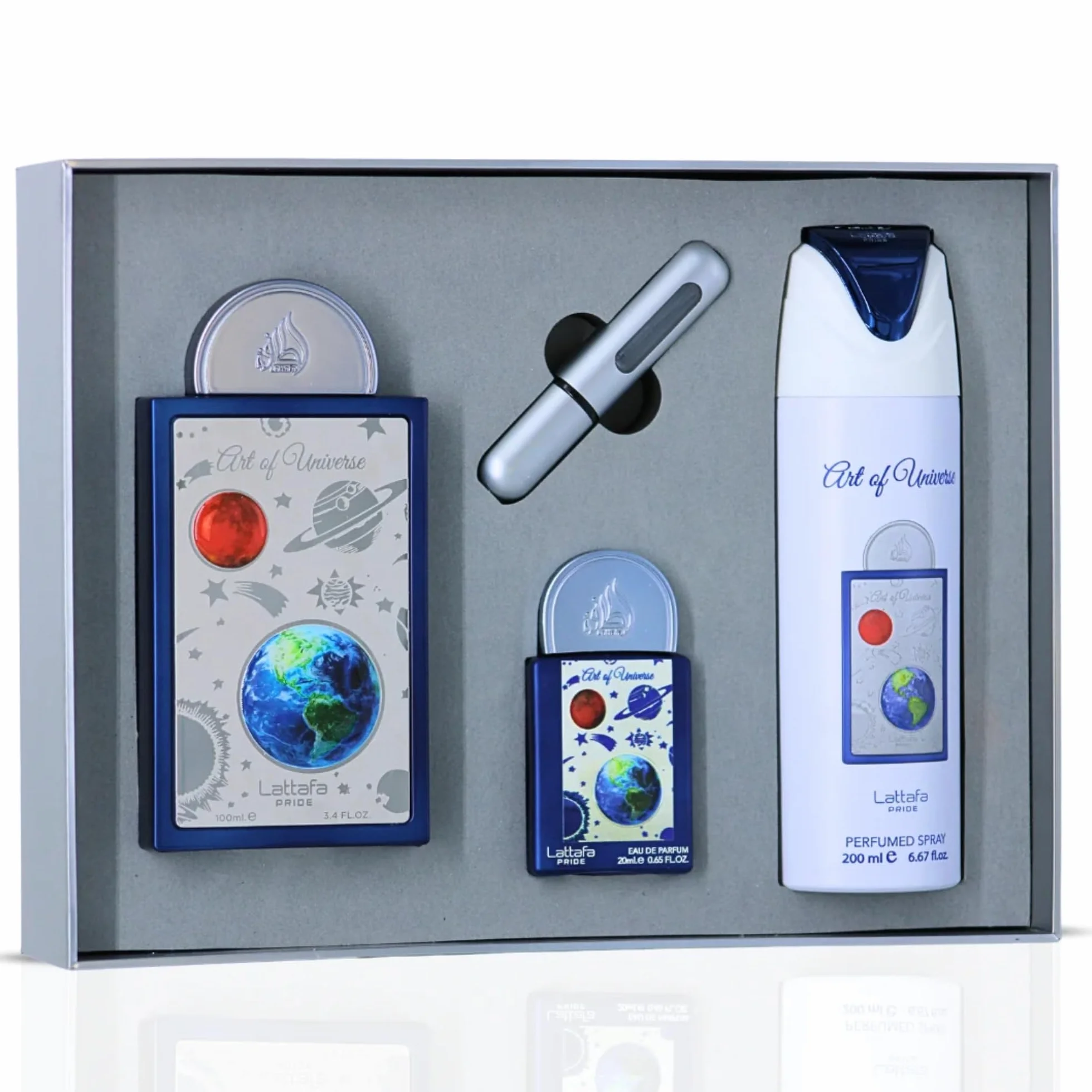 Lattafa Pride Art Of Universe Juego de regalo 3 piezas hombre EDP 100 ml spray corporal 200 ml EDP viaje 20 ml