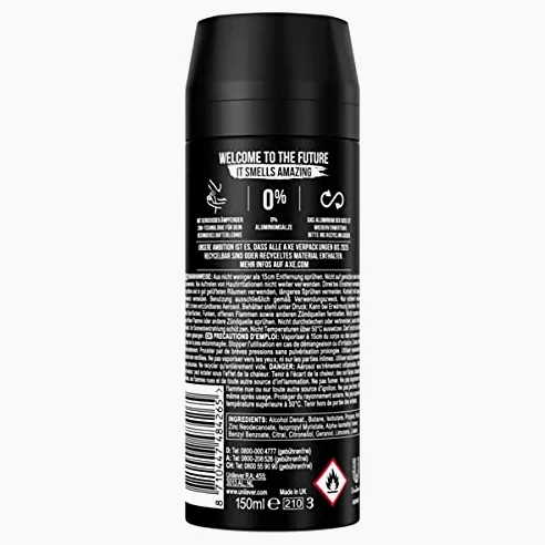 AXE Bodyspray Black, 12 x 150 ml desodorante sin aluminio en aerosol para hombres