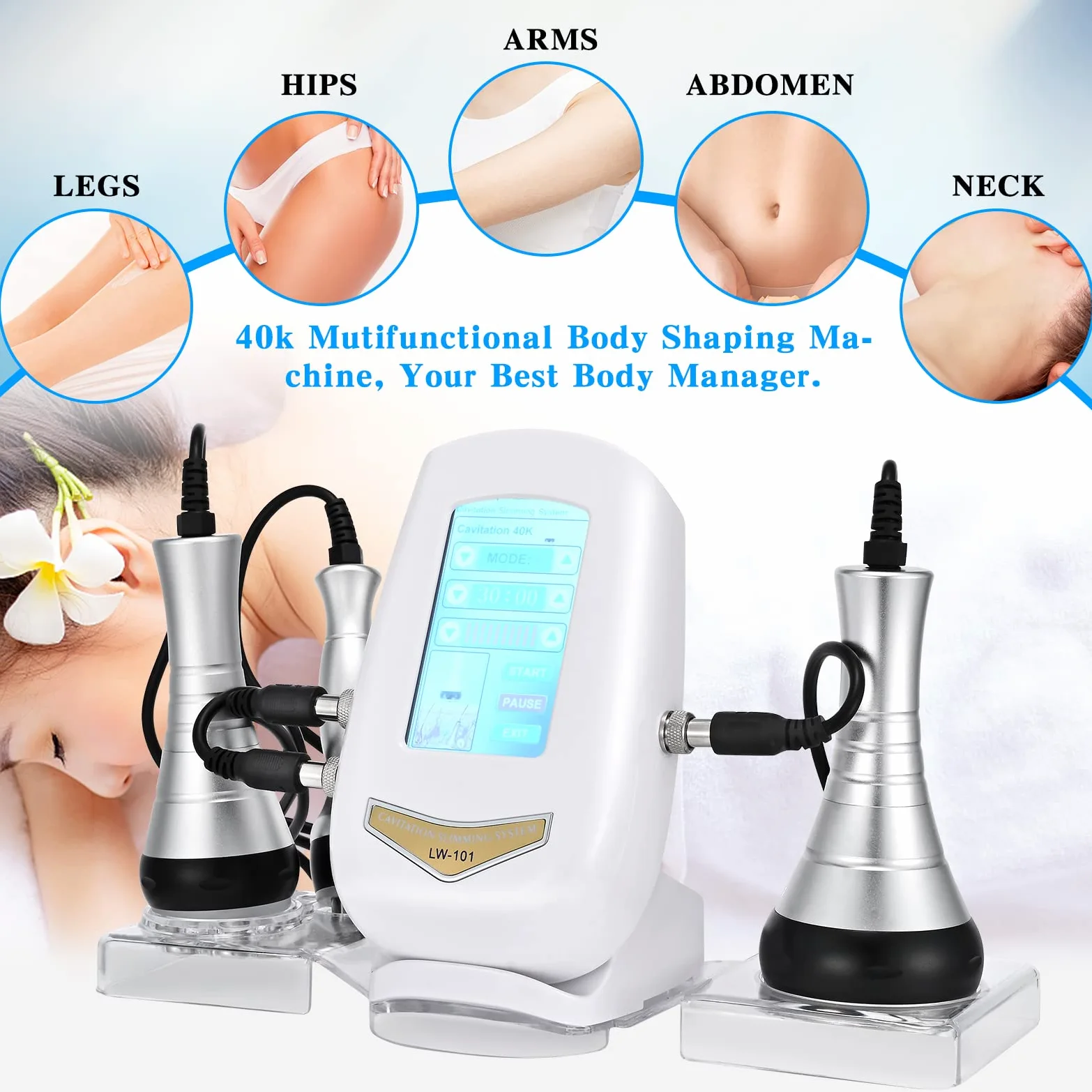 3 en 1 Máquina de Adelgazamiento de Belleza 40K Instrumento de pérdida de Peso por radiofrecuencia Máquina de Adelgazamiento ultrasónica para Abdomen, glúteos y Muslos, Cuidado de la Piel