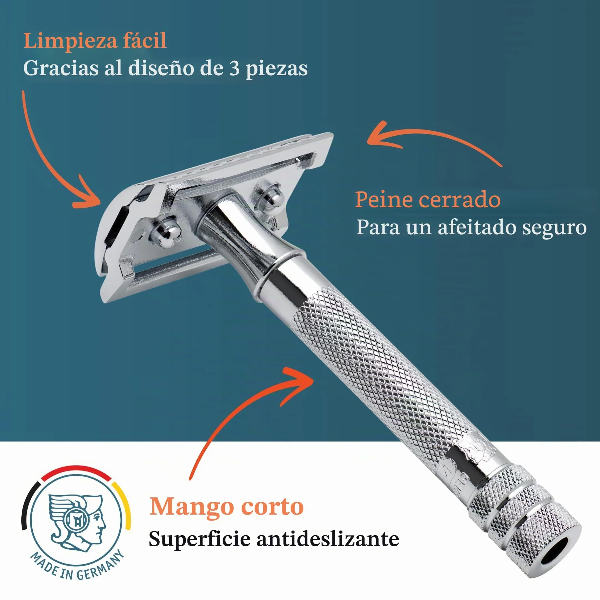 MERKUR Maquinilla de afeitar clásica cromada brillante 33C, de tres piezas con corte recto, peine cerrado, ideal para afeitado en húmedo, zinc fundido a presión, mango de latón, fabricado en Alemania