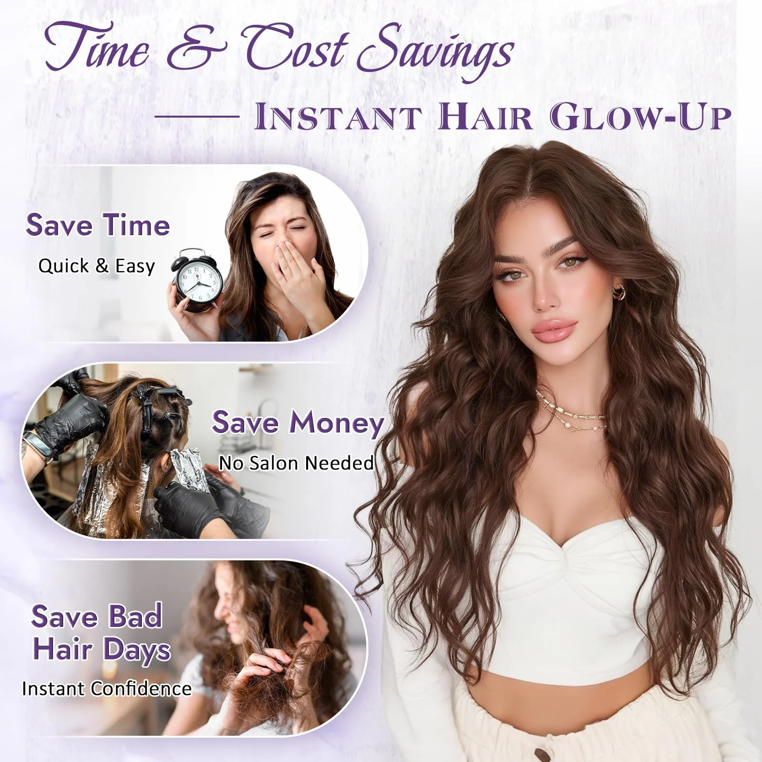 RUWISS Extensiones Pelo Natural Clip, 4 Piezas 45 cm Largo Extensiones de Clip de Pelo Natural Ondulado Rizado Sintética Extensiones de Cabello para Mujer (Marrón Claro y Rubio mezclado)