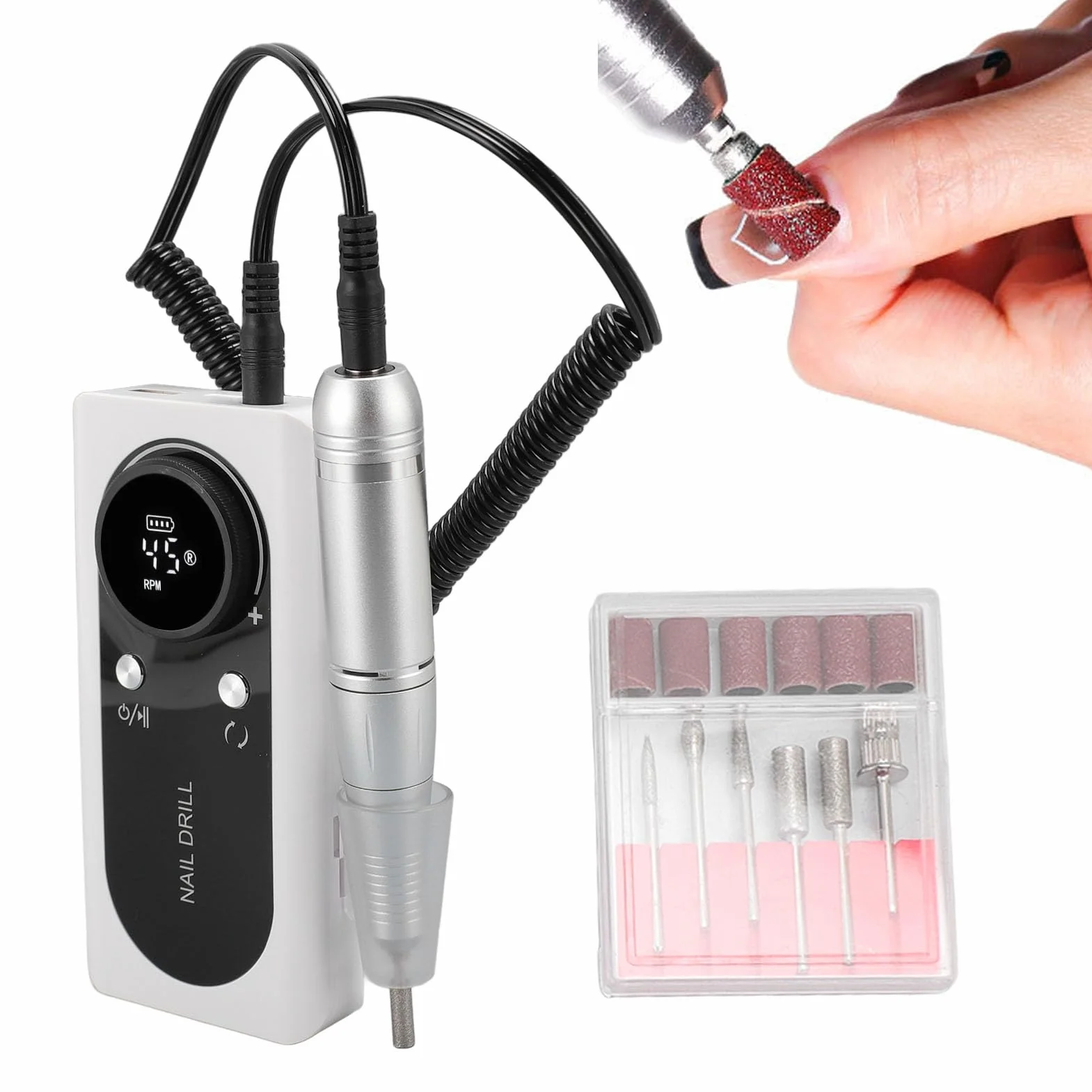Taladro de Uñas Eléctrico Portátil, Kit de Pedicura de Manicura de Velocidad Recargable de 45000 Rpm, Herramienta de Pulido de Uñas con Múltiples Cabezales de Pulido, para Pulido