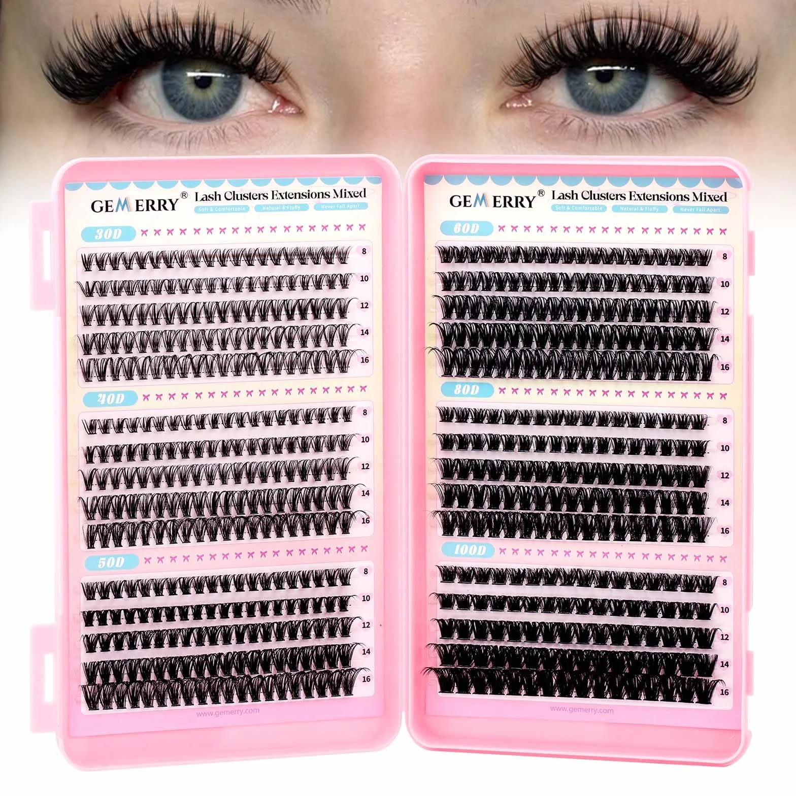 GEMERRY Pestañas Postizas D Curl 8-16mm Mix 30D-100D Pelo a Pelo Cluster Lashes