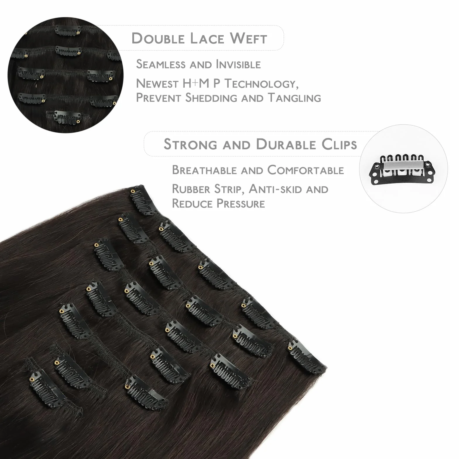WENNALIFE Extensiones de Clip Pelo Natural 45cm 120g 7 Piezas Castaño Oscuro