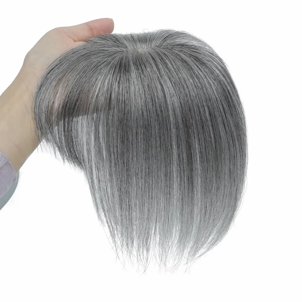 Topper para cabello humano para mujeres con cabello adelgazado, flequillo de cobertura 3D de 360°, base de seda 5 x 9 cm, mechones de densidad 150 extensiones de cabello (8 pulgadas, gris)