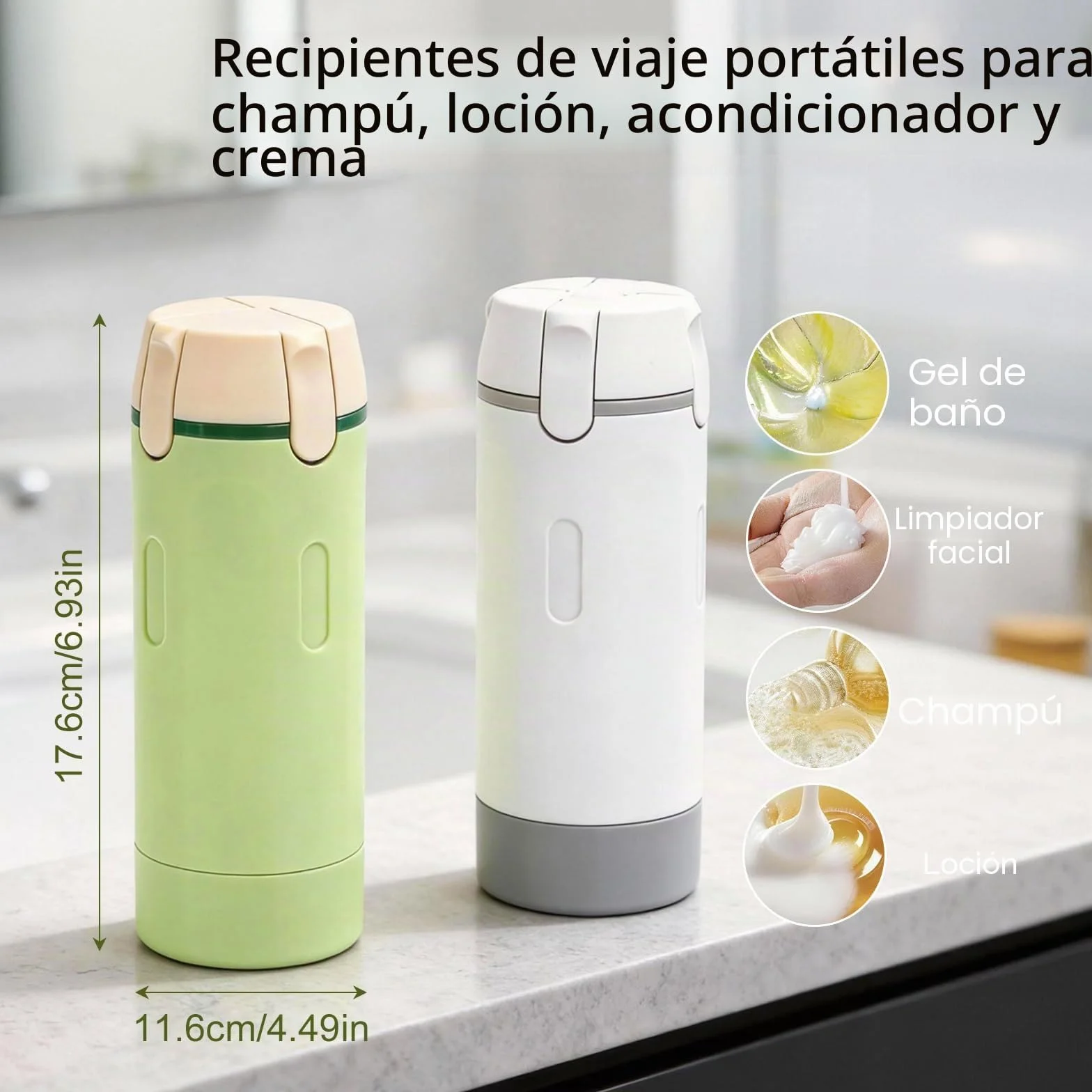 Zouwel Set de frascos dispensadores de viaje 4 en 1 recargables a prueba de fugas para champú lociones acondicionador