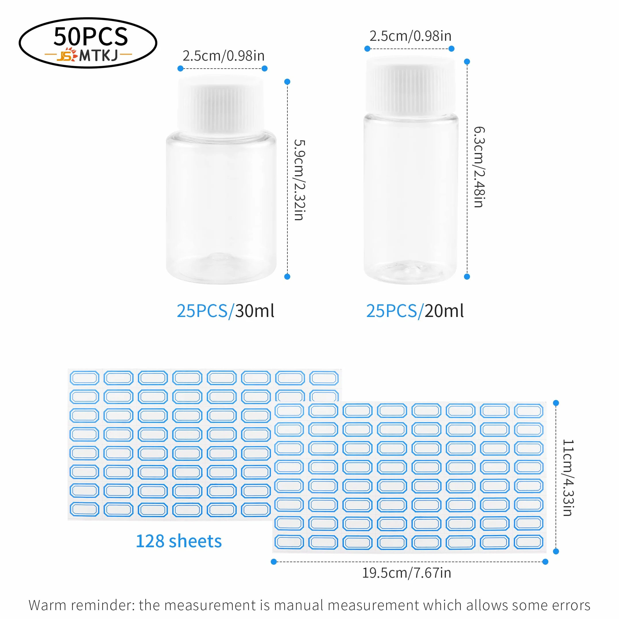 Botellas Pequeñas de Plastico Transparente 20ml 30ml con Tapón de Rosca Blanco para Viaje