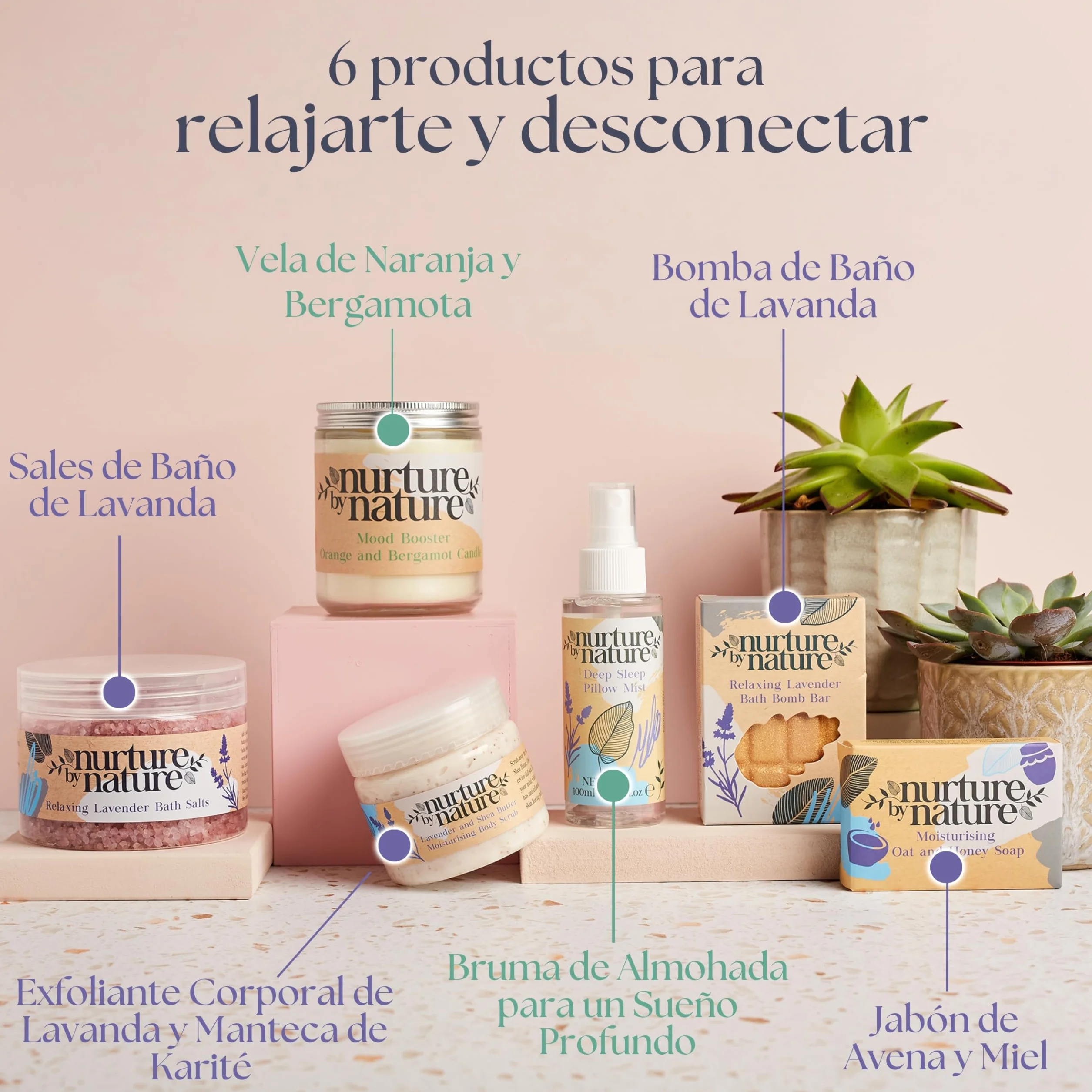 NURTURE BY NATURE Set de Regalo de Bienestar para Mujer – Set spa con spray de almohada de lavanda, exfoliante corporal, bomba de baño y vela perfumada vegano