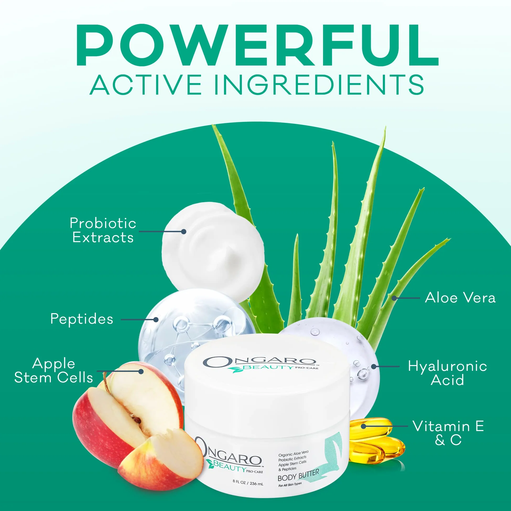 La Manteca Corporal Orgánica de Ongaro Restaura, Suaviza e Hidrata la Piel Seca, Aroma Fresco y Limpio; con Tecnología Probiótica, Aloe Vera, Células Madre de Manzana, Péptidos y Vitamina C y E; 8 oz