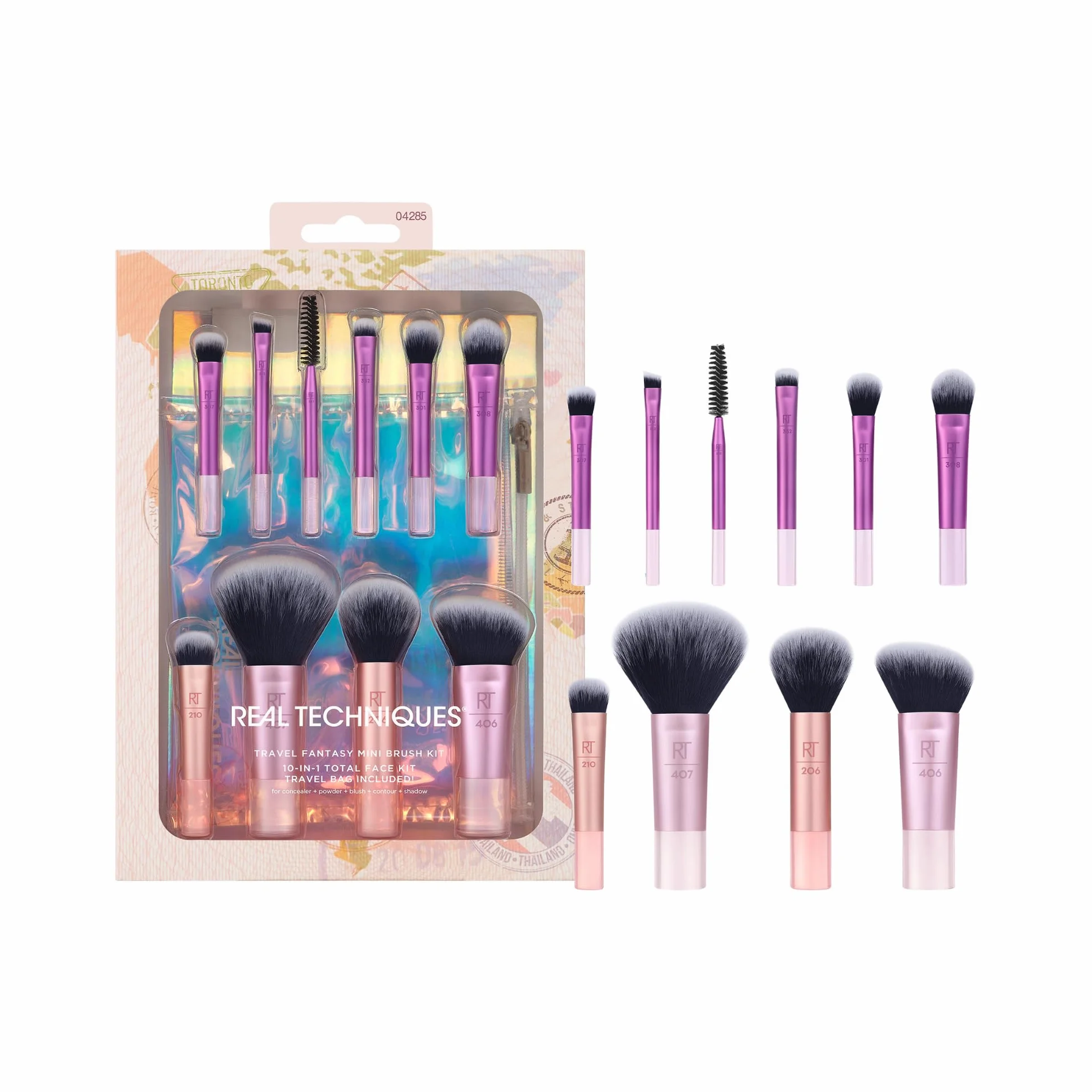 Real Techniques Kit de minibrochas Travel Fantasy, brochas maquillaje sombras ojos iluminadores, juego 11 piezas