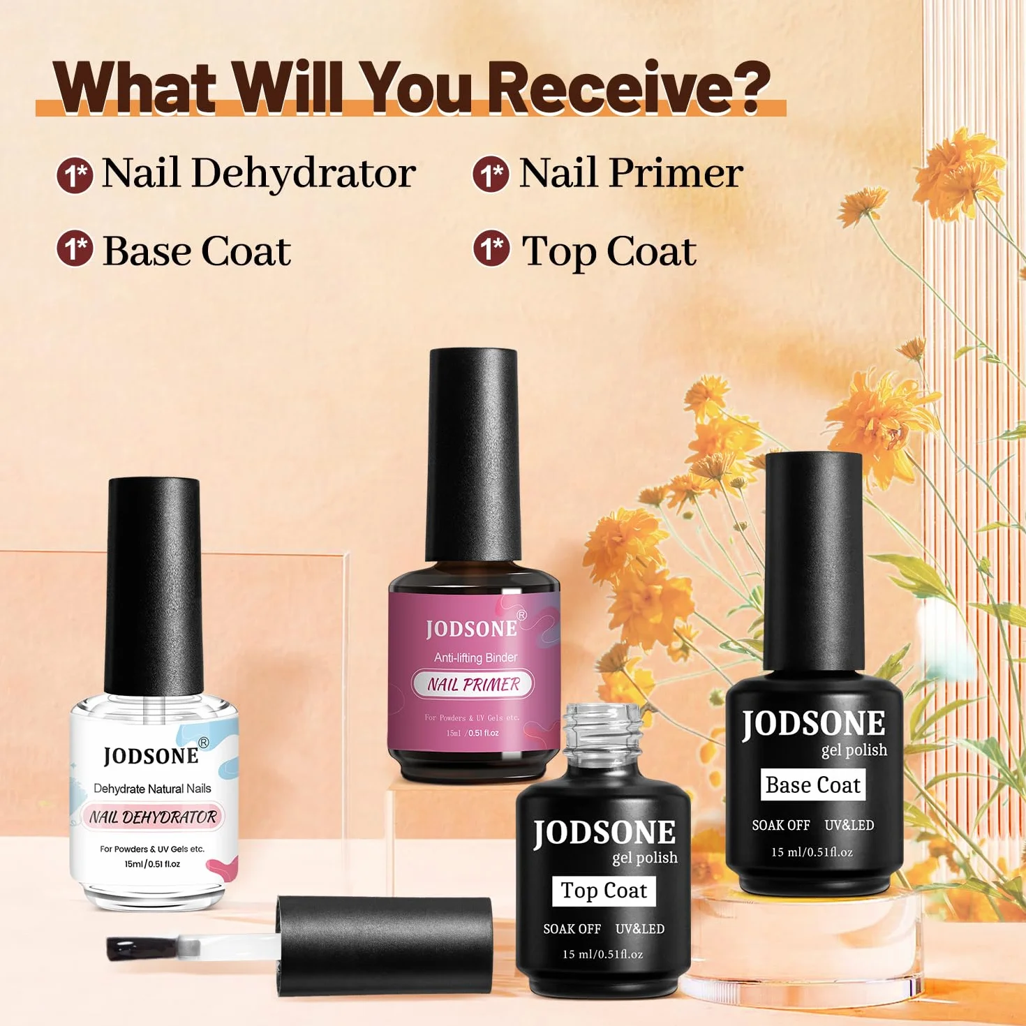 JODSONE Deshidratador de Uñas Primer Base y Top Coat Semipermanente 15ML Brillante Secado Rápido
