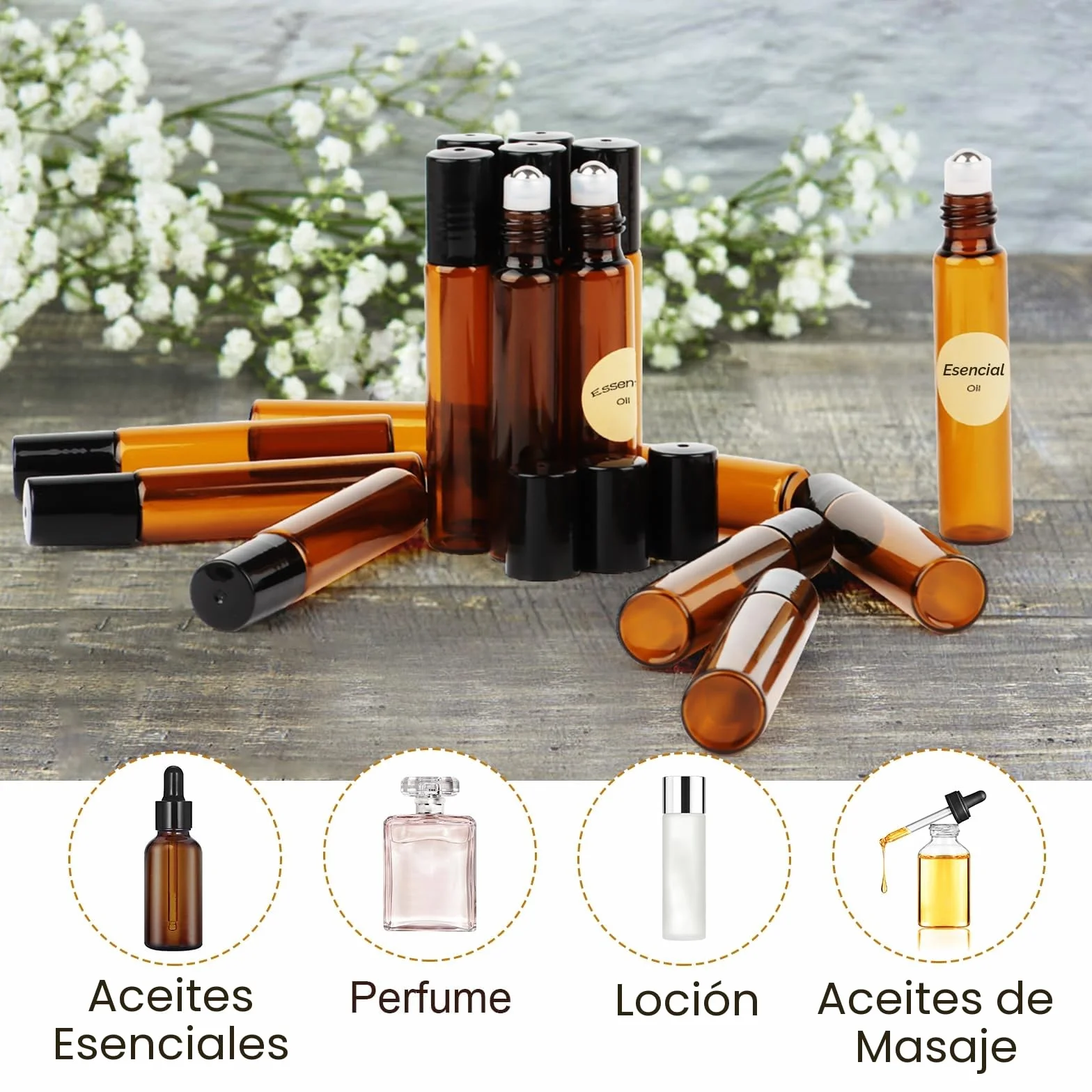 Botella Roll On Cristal 10ml Marrón, 16 Piezas con Bola de Acero Inoxidable para Aceites Esenciales