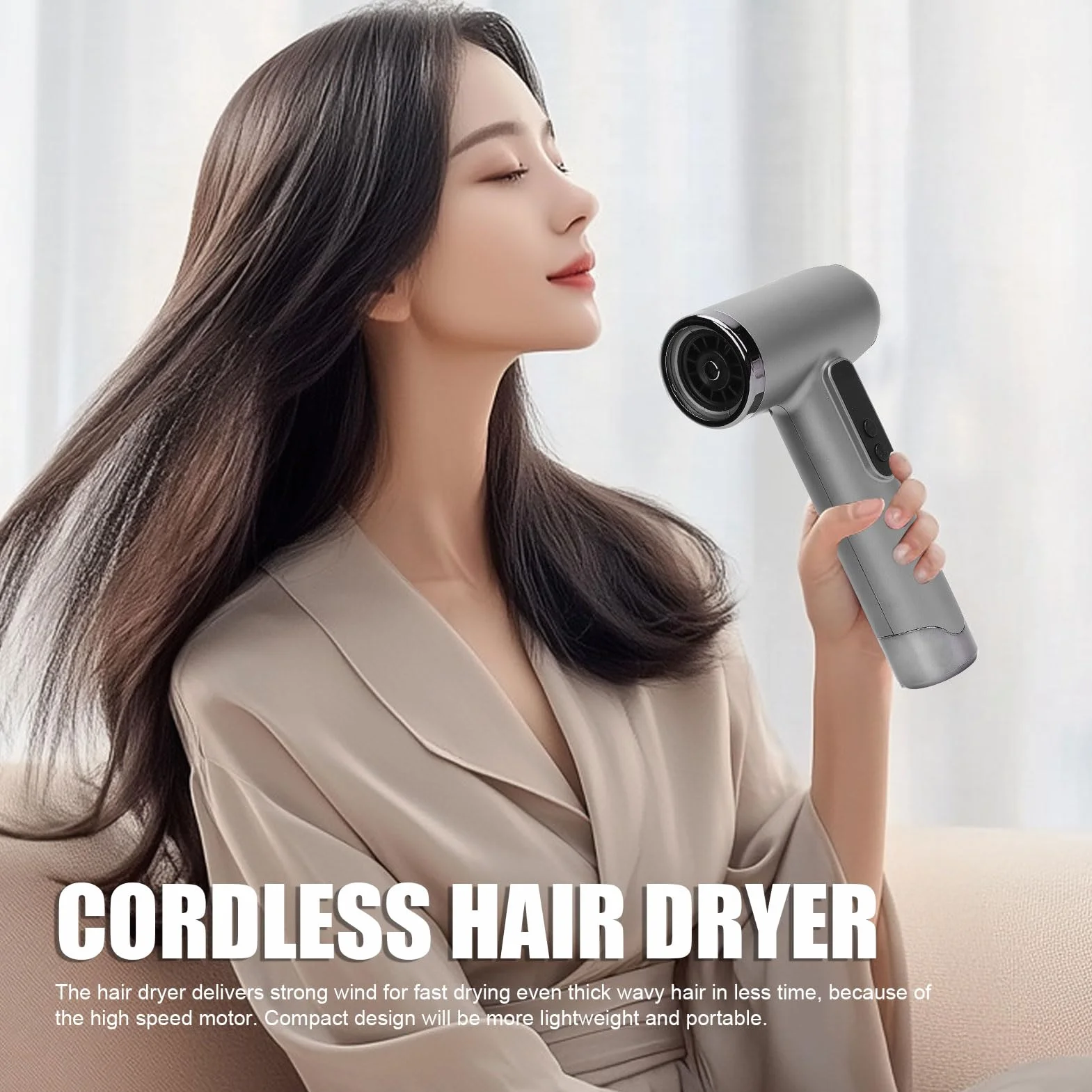 Secador de Pelo Inalámbrico, Secador de Pelo Portátil de 200W 100000RPM, Secador de Pelo de Viaje Recargable por USB de 15000mAh para Dormitorio de Viaje en Casa (Enchufe de la UE)