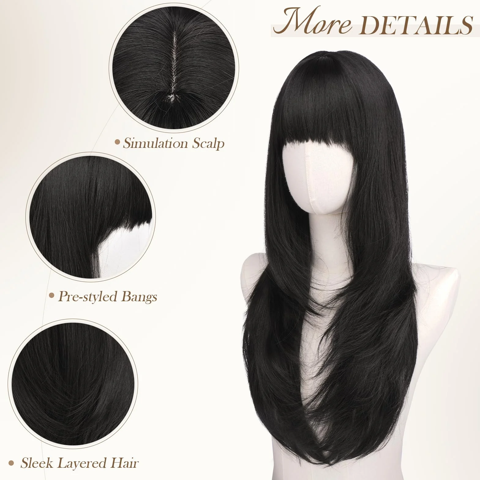FESHFEN Peluca Liso con Flequillo Natural Larga Sintética 60 cm Negra