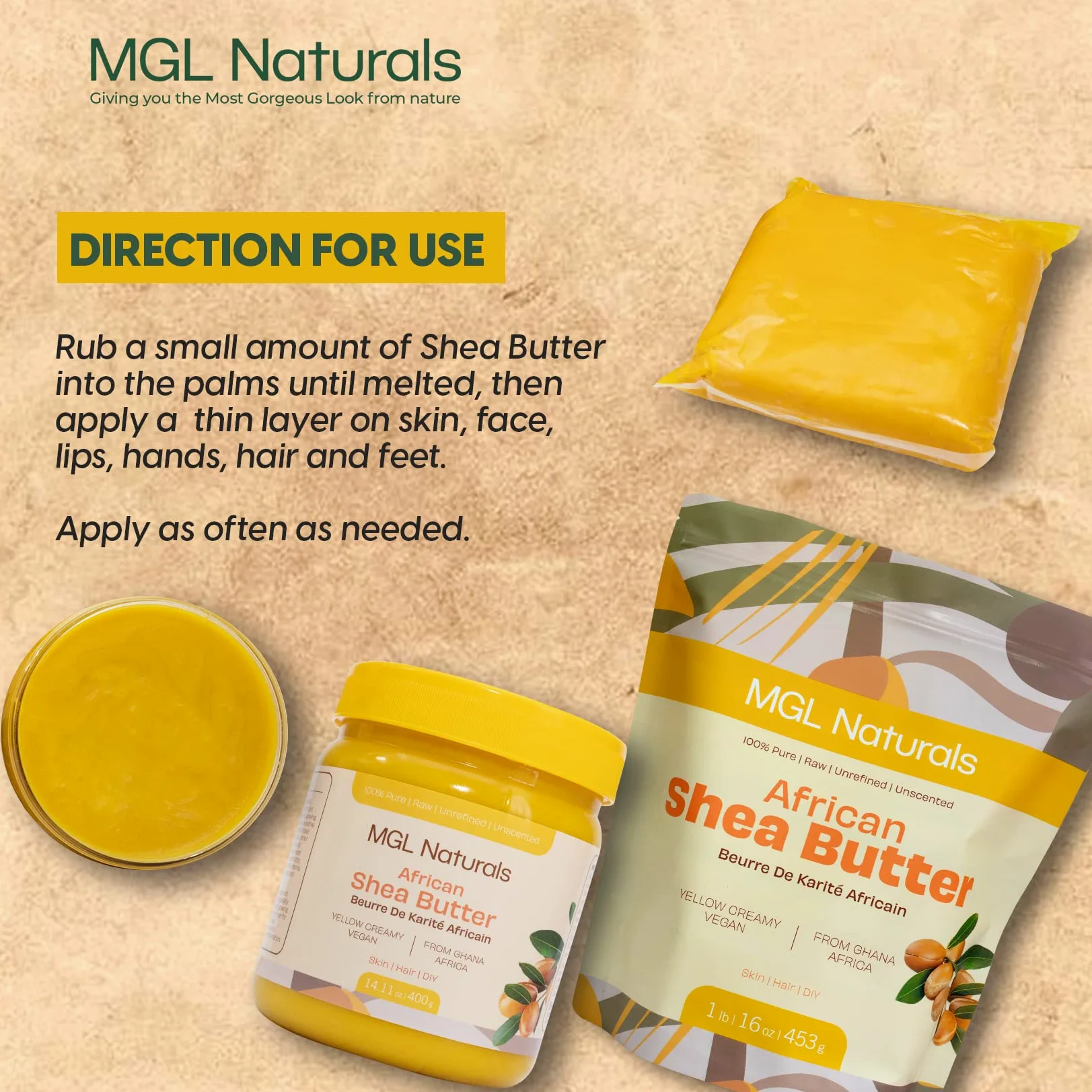 MGL Naturals, manteca de karité africana sin refinar, 100 % pura, cruda, vegana y orgánica. Nutritiva e hidratante. Úsalo solo o recetas de bricolaje. 1 kg