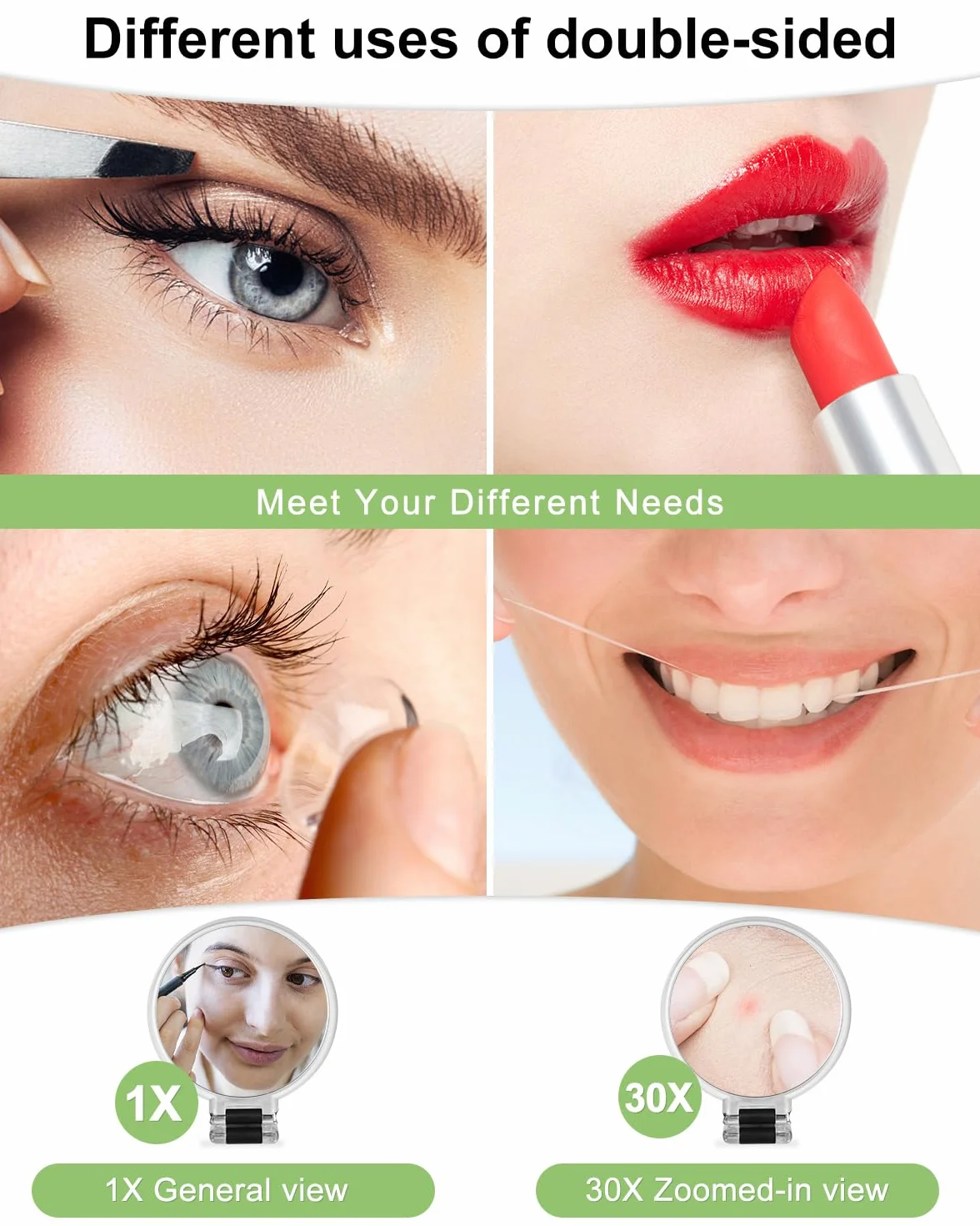 LEAZZLE Espejo de Aumento 30x/1x Doble Cara con Soporte Ajustable 360°