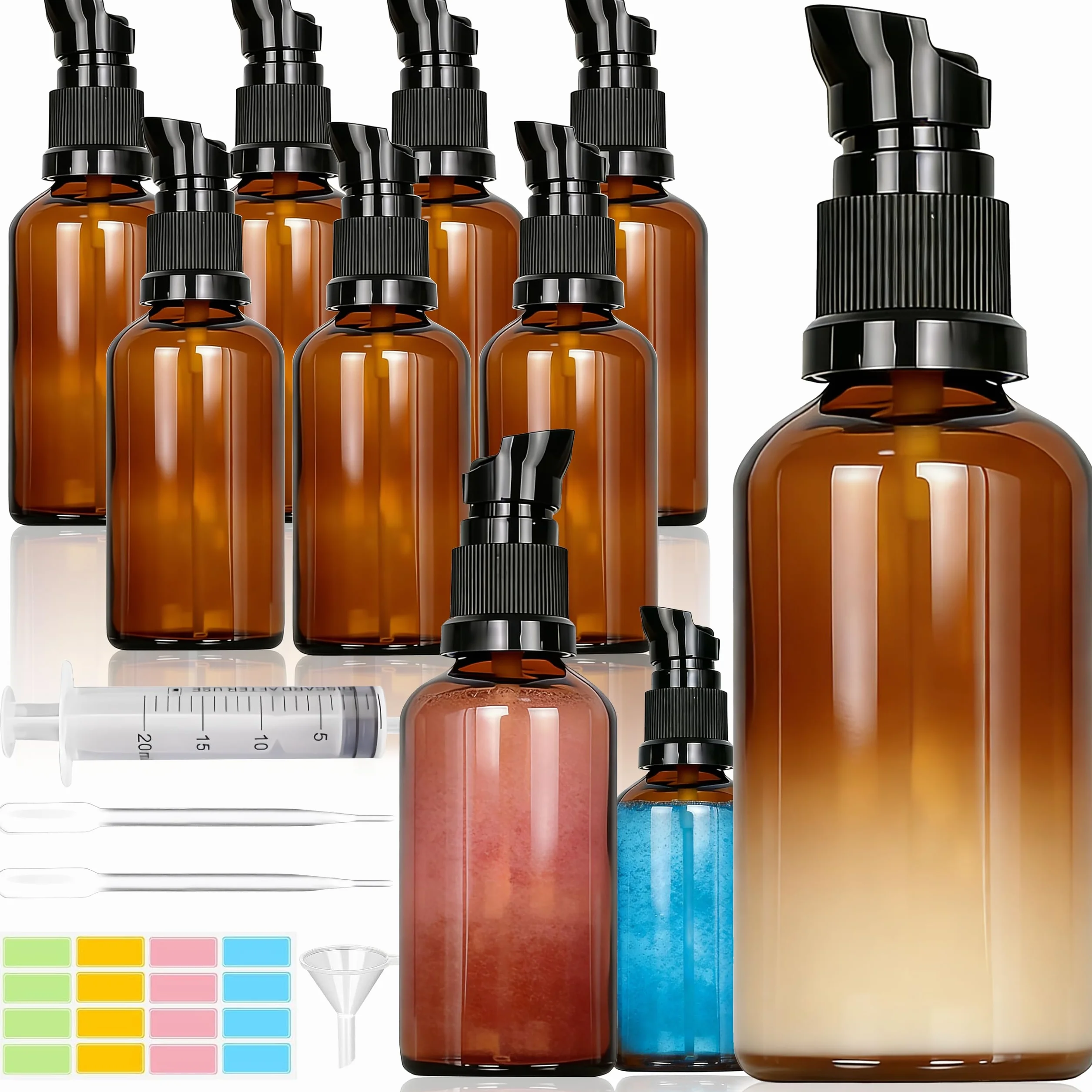 Botellas de Vidrio Marrón 50ml con Bomba, Protección UV, Rellenables para Aceites Esenciales
