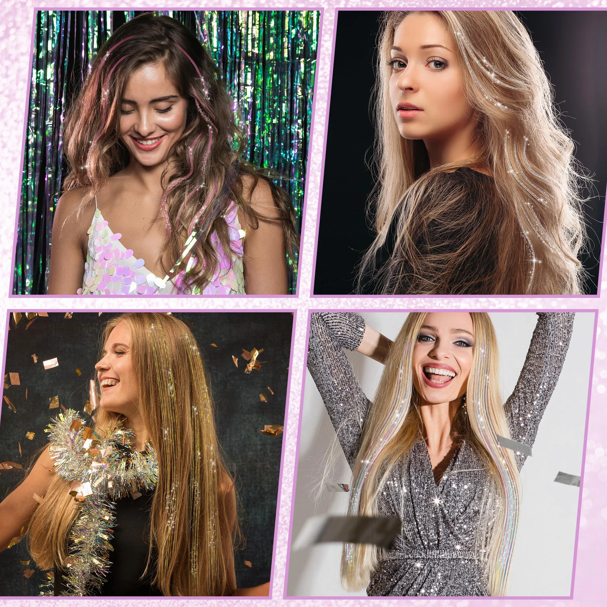 Extensiones de Cabello de Oropel de Hadas 12 Piezas, Accesorios Brillantes de Moda para Mujeres y Niñas - Plata
