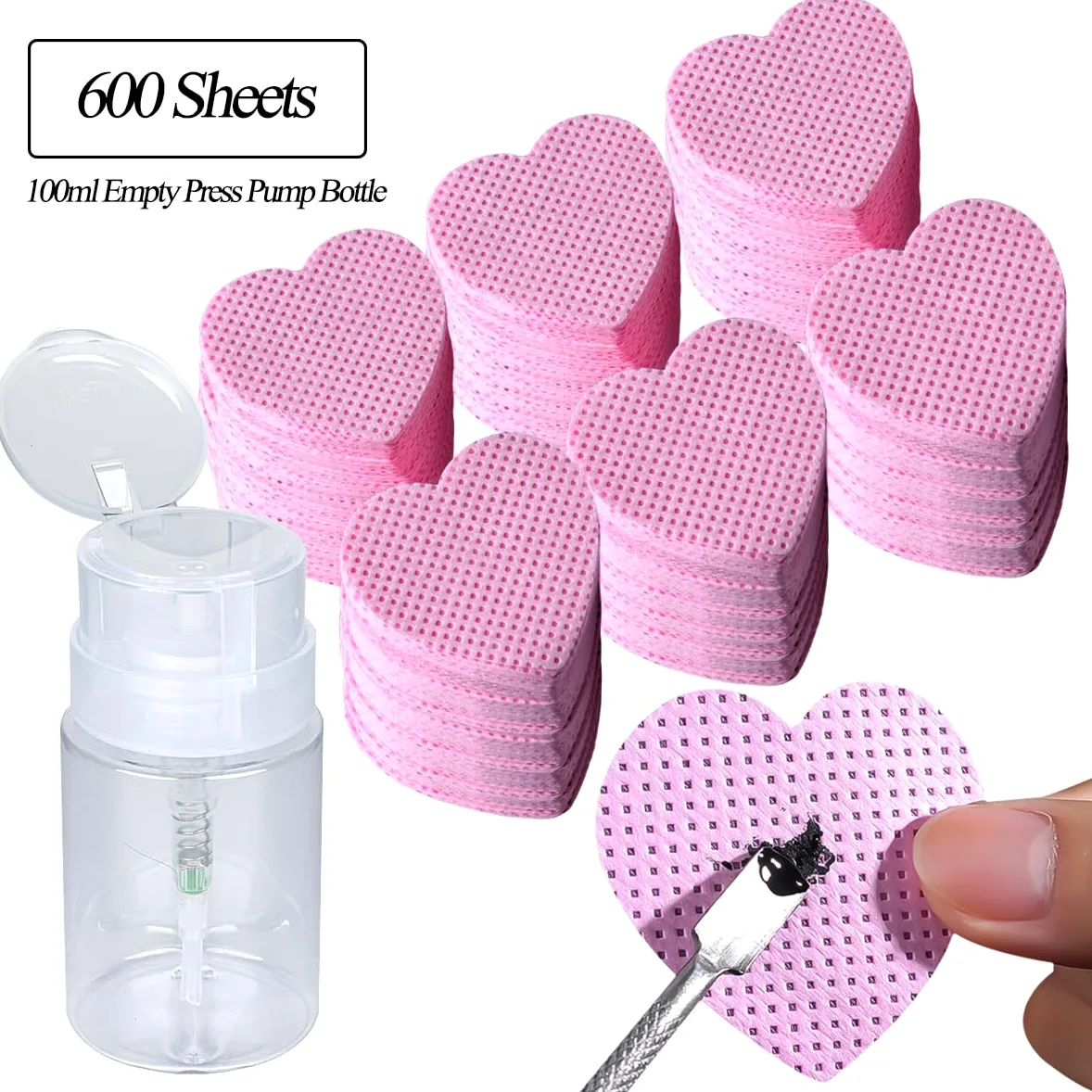 600 toallitas para uñas sin pelusa con botella de bomba de prensa vacía de 100 ml, removedor de esmalte de gel, almohadillas de algodón limpias y dispensador de acetona, toallitas de pegamento de
