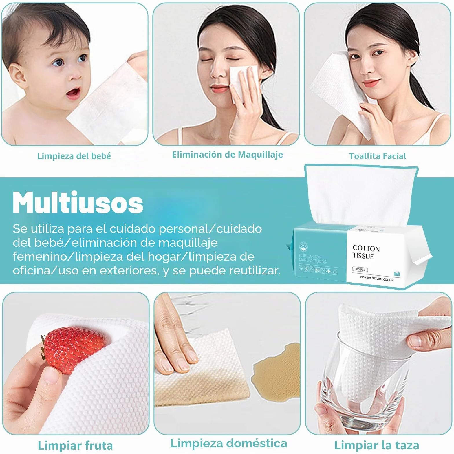 Toallas Desechables Algodon 100 Unidades Biodegradables para Cuidado Piel y Maquillaje