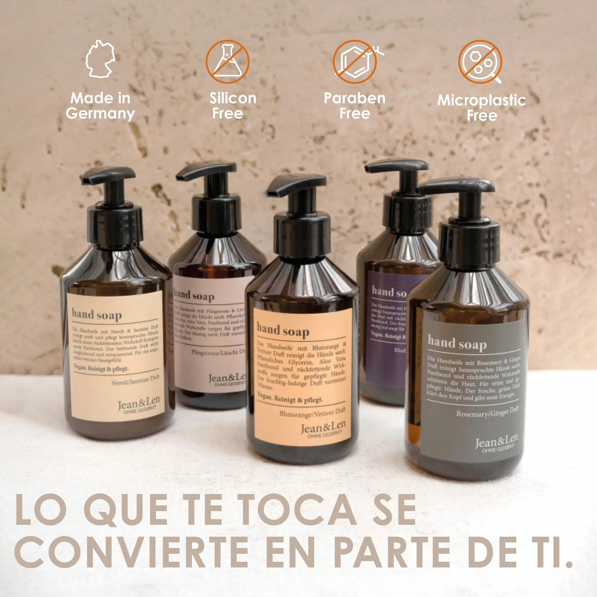 Jean & Len Jabón de manos Neroli y jazmín, 250 ml, sin parabenos, vegano