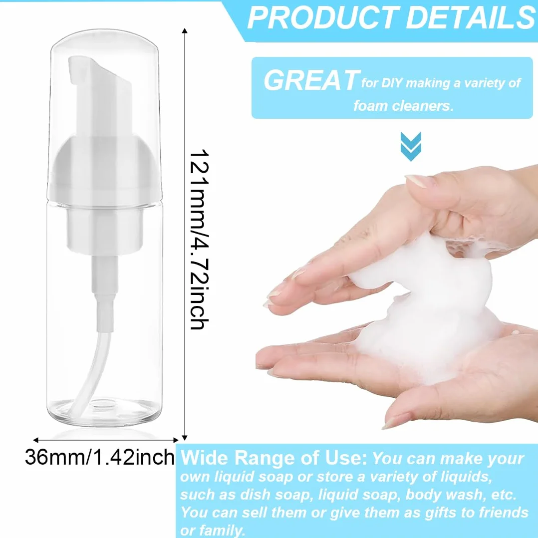 3 Piezas Dispensador Jabon Baño, 50 ml Botella de Espuma, Dispensador Jabon Baño Plástico Transparente, Botes para Gel y Champu Rellenables, para Viajes, Baño y Hoteles
