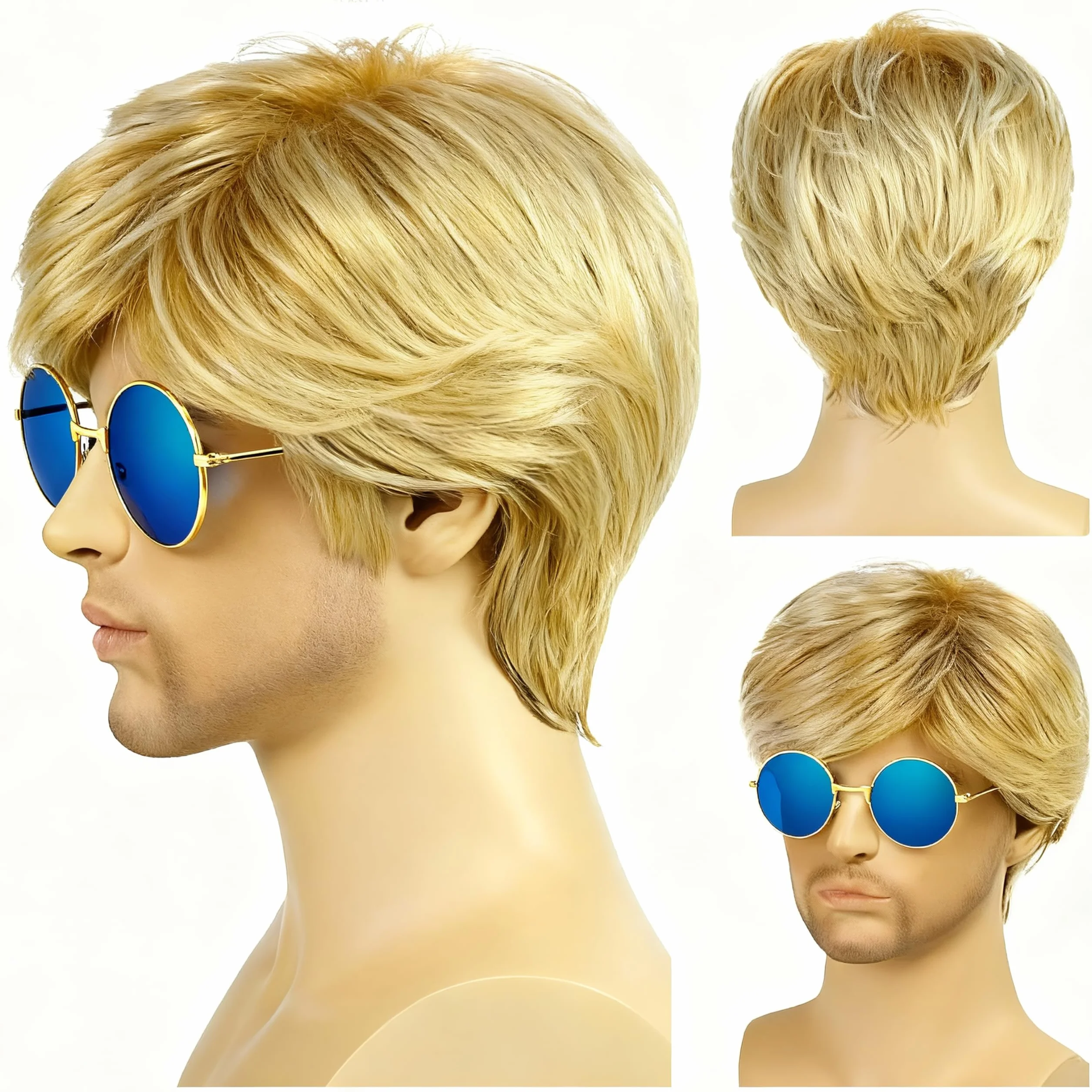 Set Peluca Hombre Rockero Años 80 con Gafas de Sol, Peluca Corta Rubia Rizada Fibra Sintética Resistente al Calor, Disfraz Fiesta Carnaval Halloween