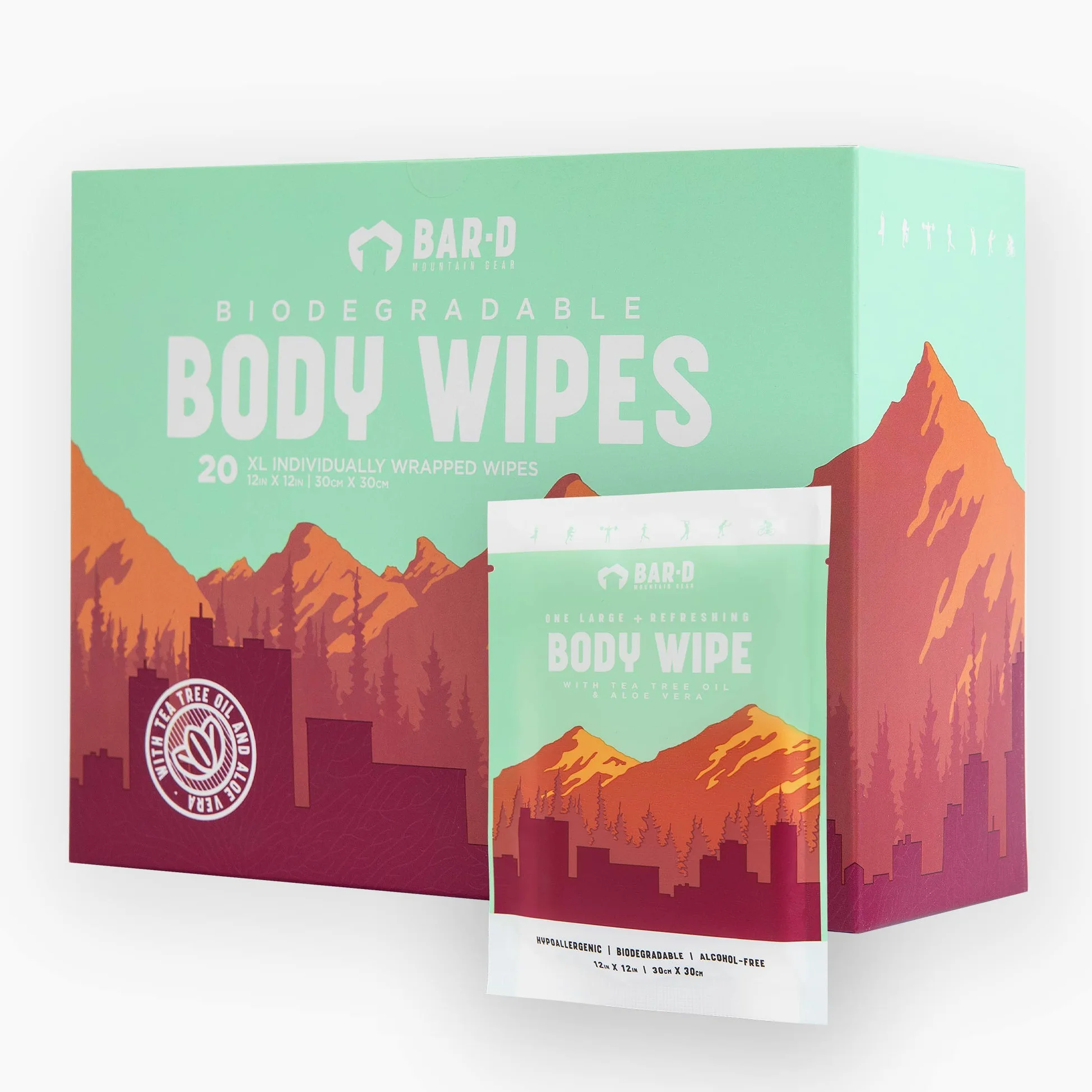 Bar-D Toallitas limpiadoras faciales y corporales para mujeres y hombres, toallitas de ducha biodegradables envueltas individualmente con aceite de árbol de té y aloe vera (20 unidades/caja)